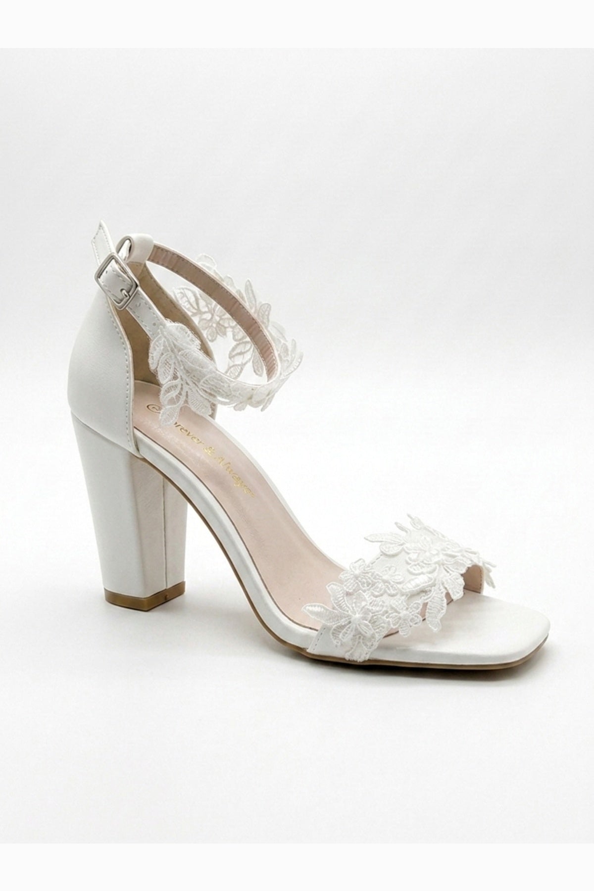 Selia Lace Detail Block Heel Wedding Sandals – front three-quarter view showing lace, white, red, Vowalisse
