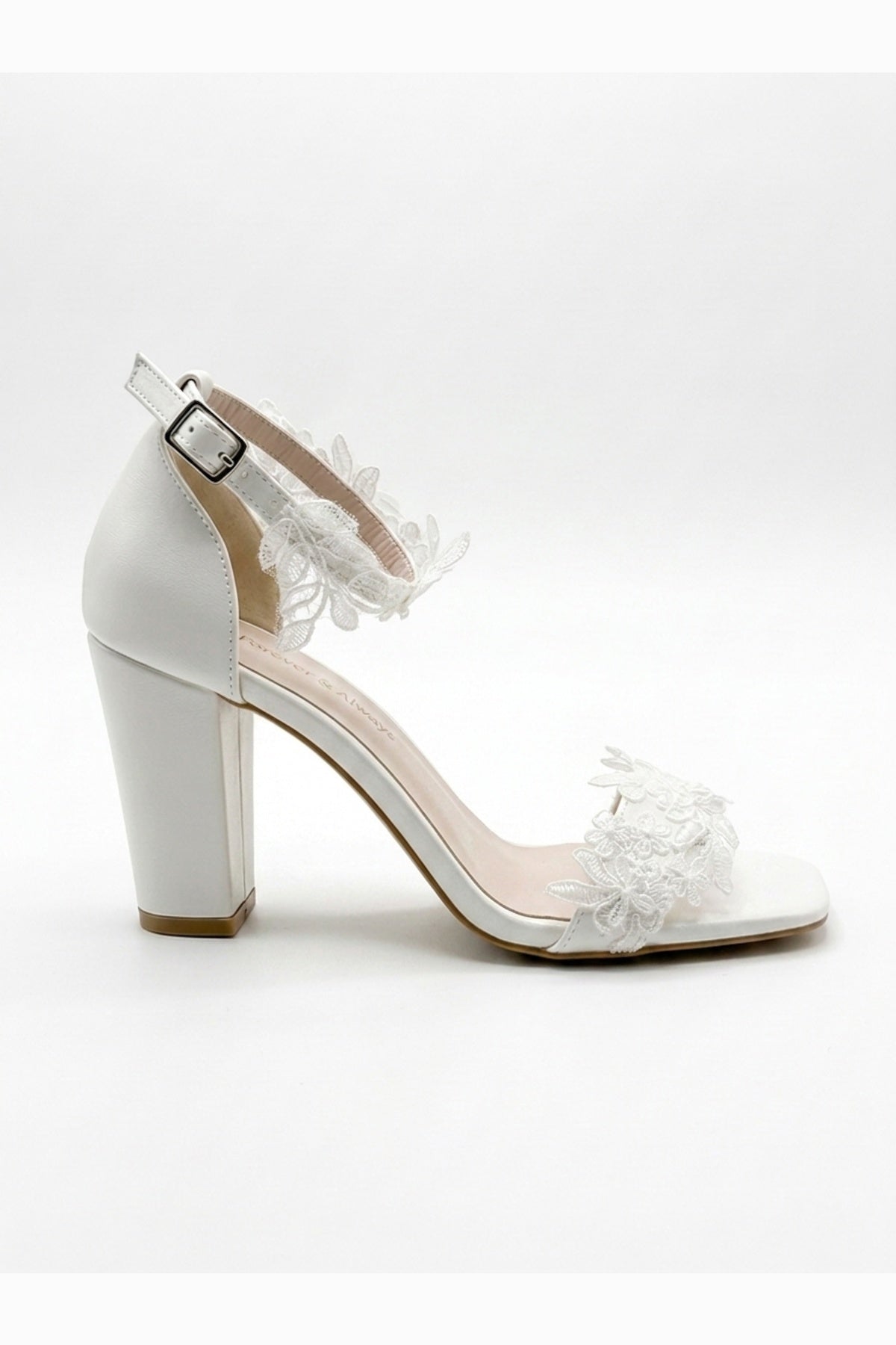 Selia Lace Detail Block Heel Wedding Sandals – side view showing lace, white, red, Vowalisse