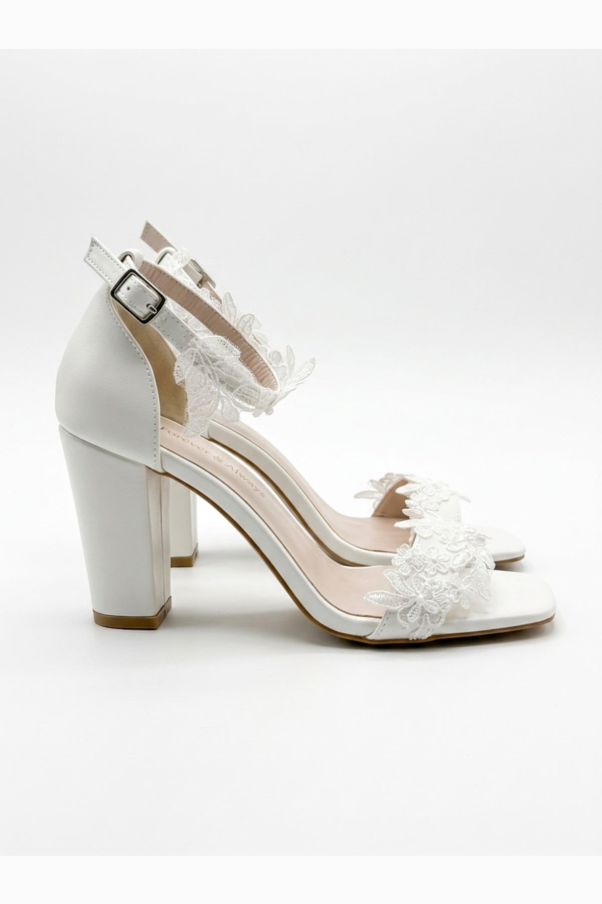 Selia Lace Detail Block Heel Wedding Sandals – heel view showing lace, white, red, Vowalisse