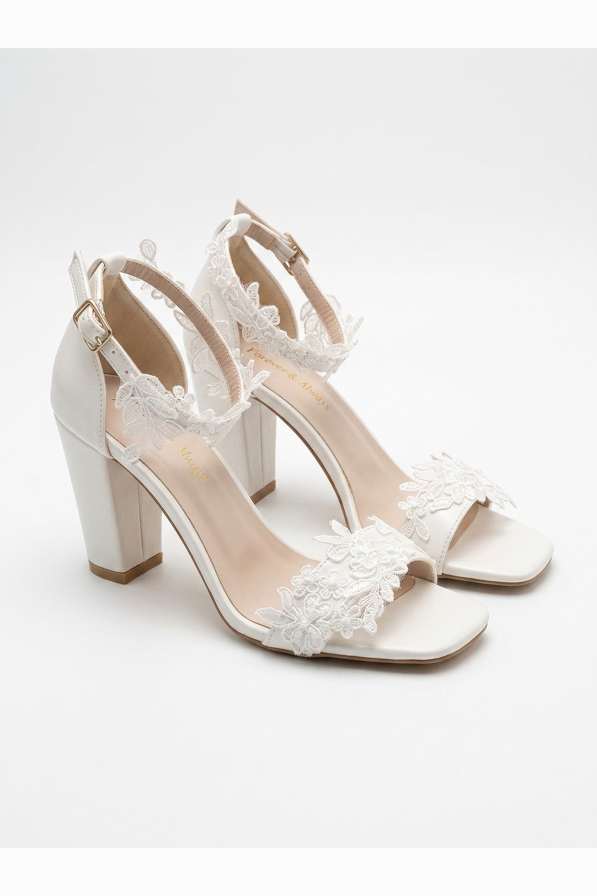 Selia Lace Detail Block Heel Wedding Sandals – back view showing lace, white, red, Vowalisse