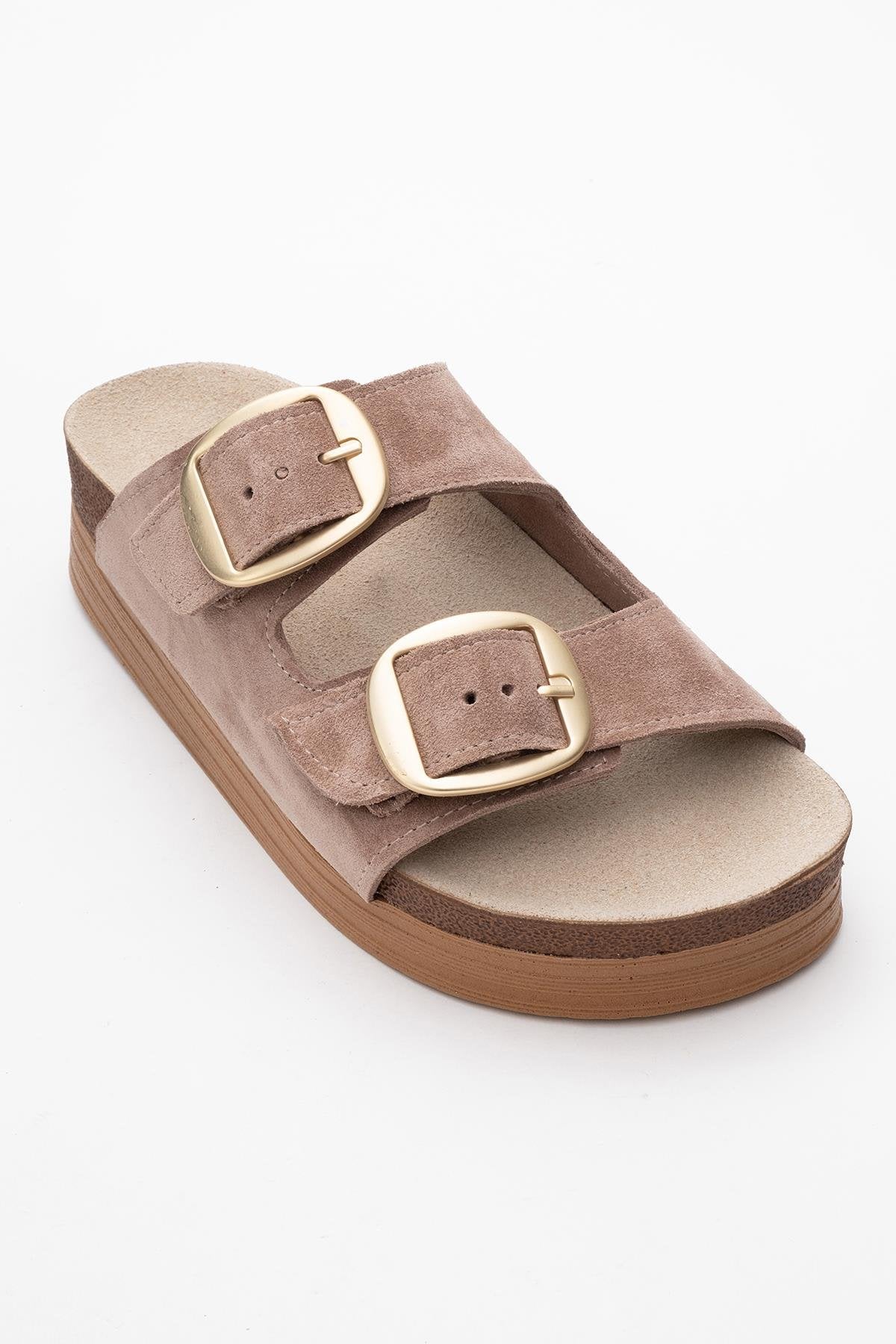Harbor - Sand Suede Leather Two-Strap Sandal – detail view showing leather, suede, Vowalisse