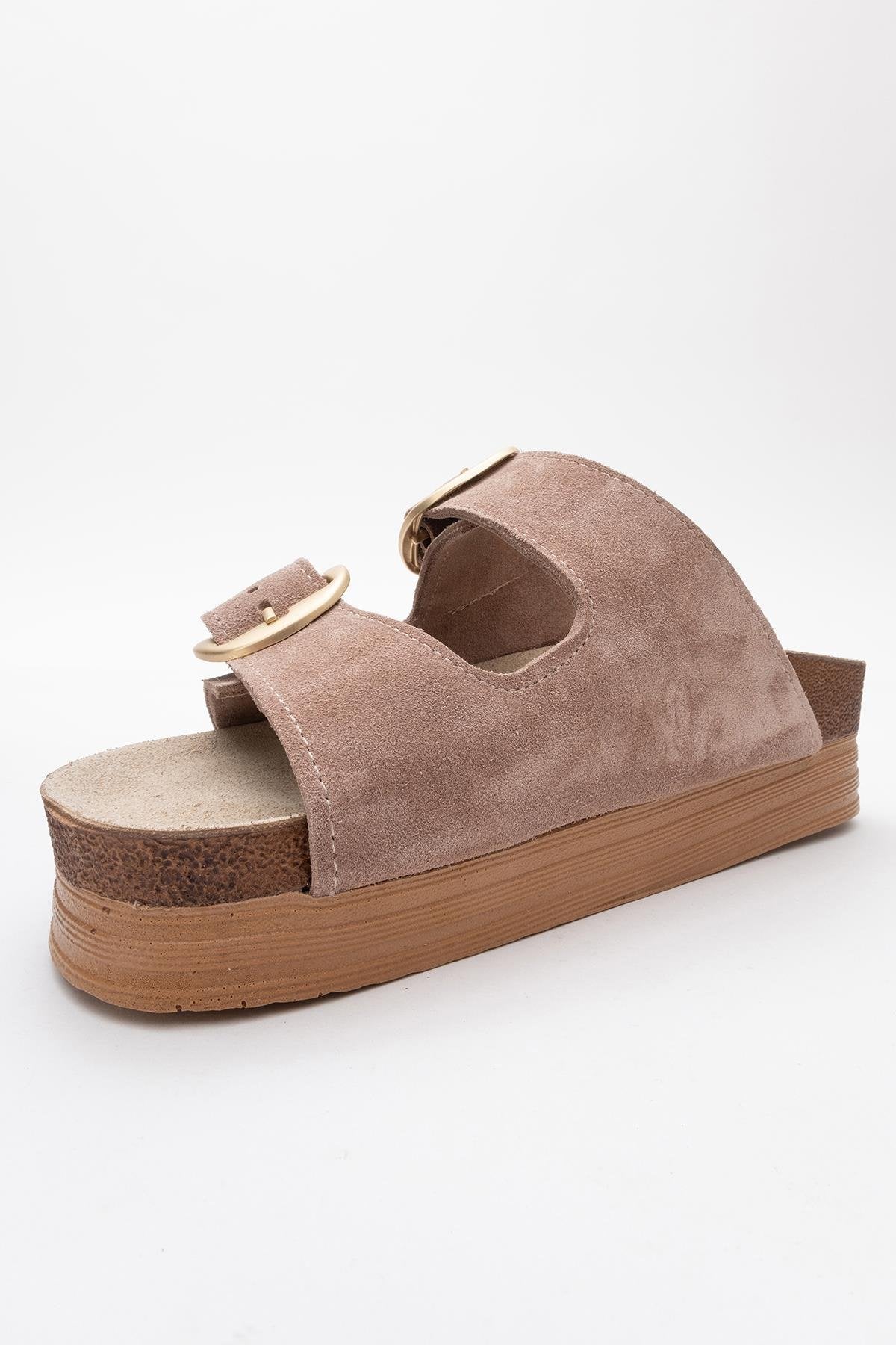 Harbor - Sand Suede Leather Two-Strap Sandal – heel view showing leather, suede, Vowalisse