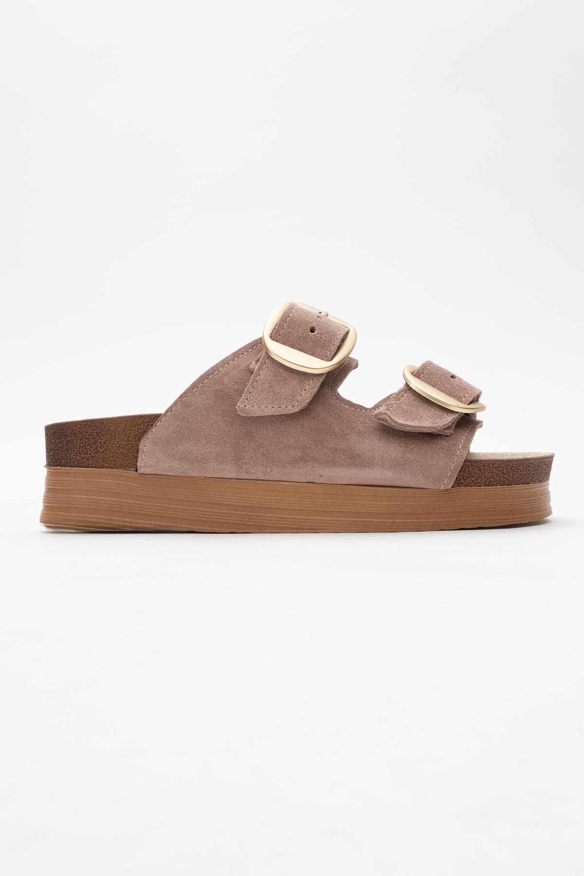 Harbor - Sand Suede Leather Two-Strap Sandal – top view showing leather, suede, Vowalisse
