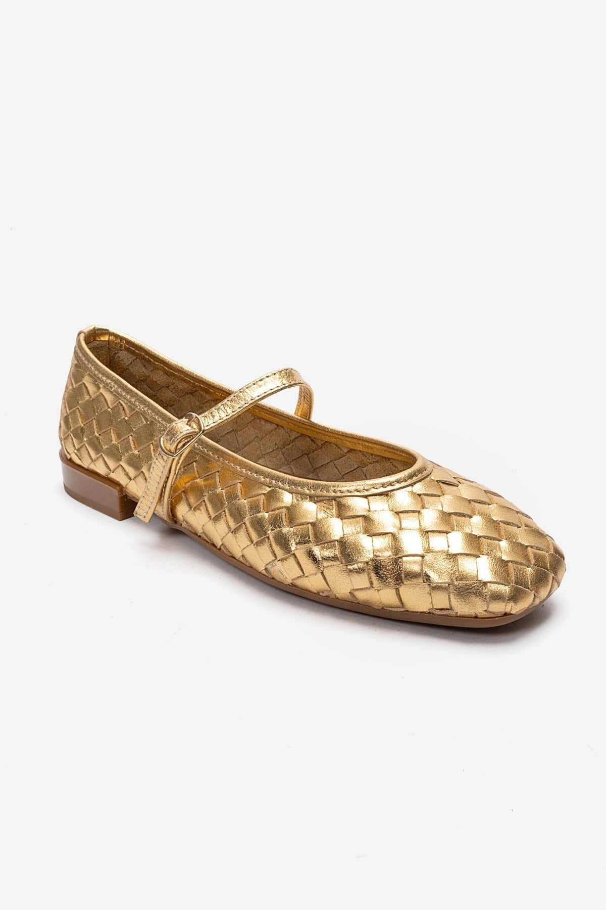 YEVORA - Gold Genuine Leather Ballet Flat Mary Jane – detail view showing leather, gold, Vowalisse