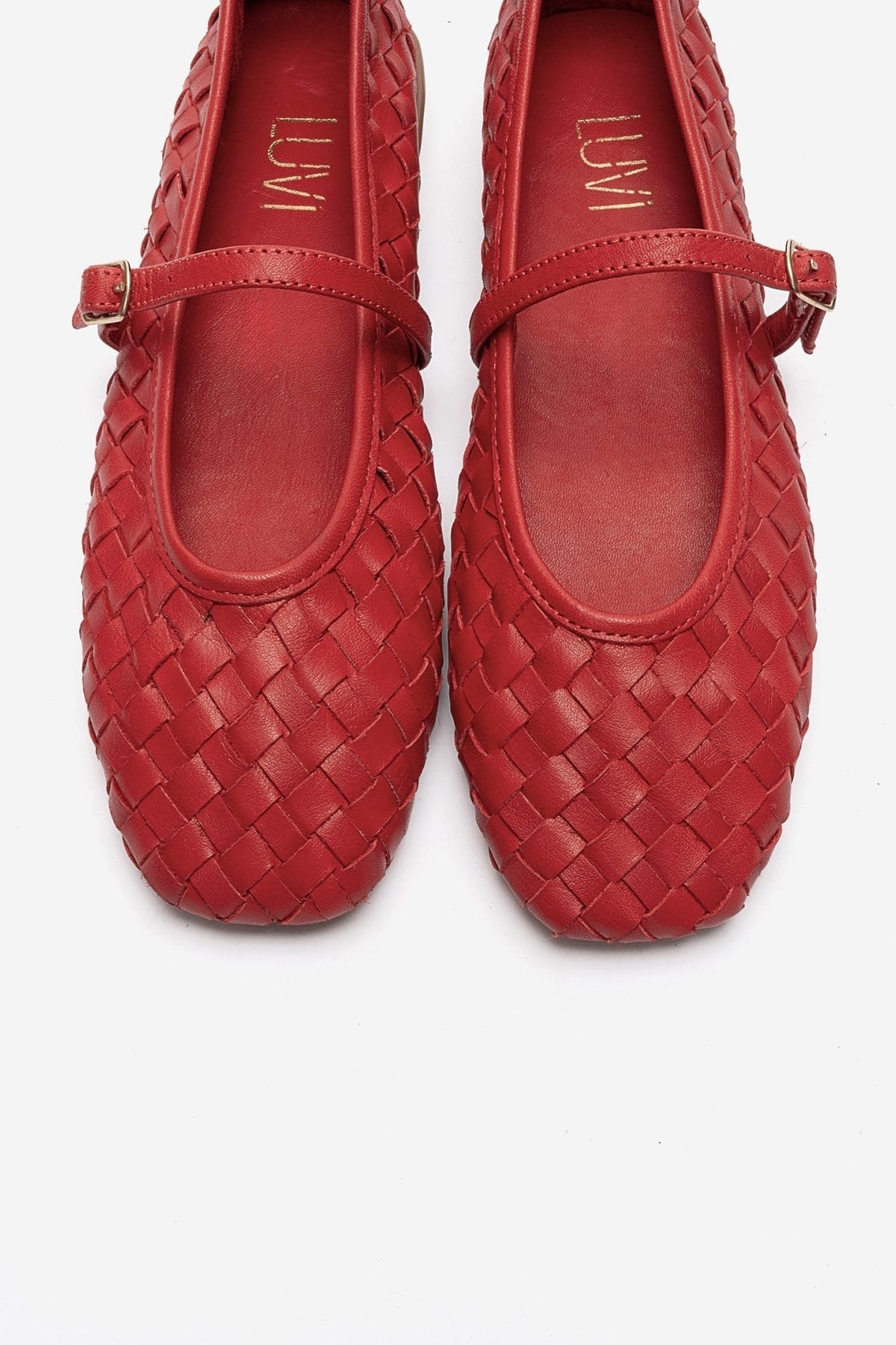 Yevora - Red Genuine Leather Woven Mary Jane Flat – side view showing leather, red, Vowalisse