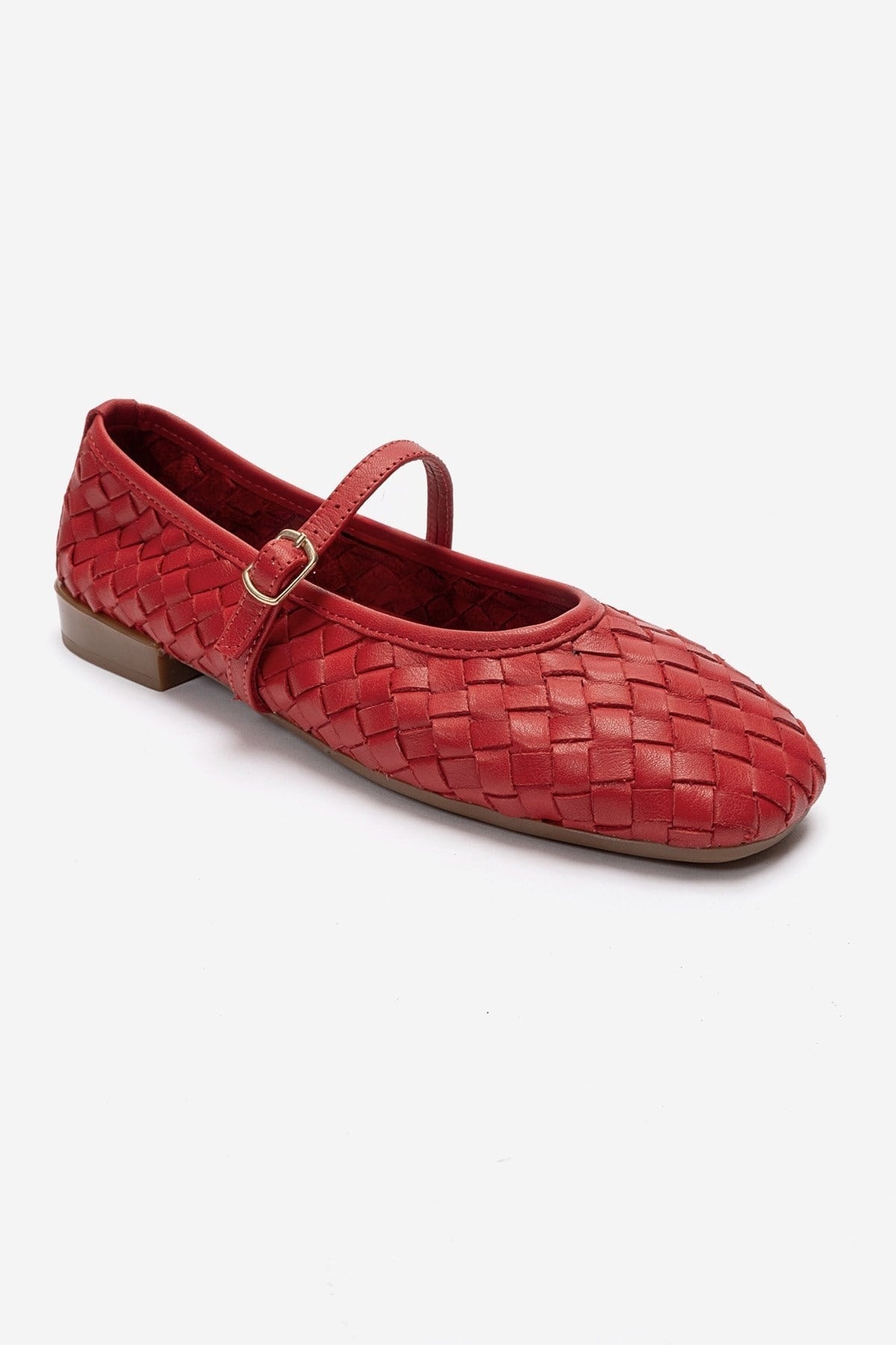 Yevora - Red Genuine Leather Woven Mary Jane Flat – detail view showing leather, red, Vowalisse
