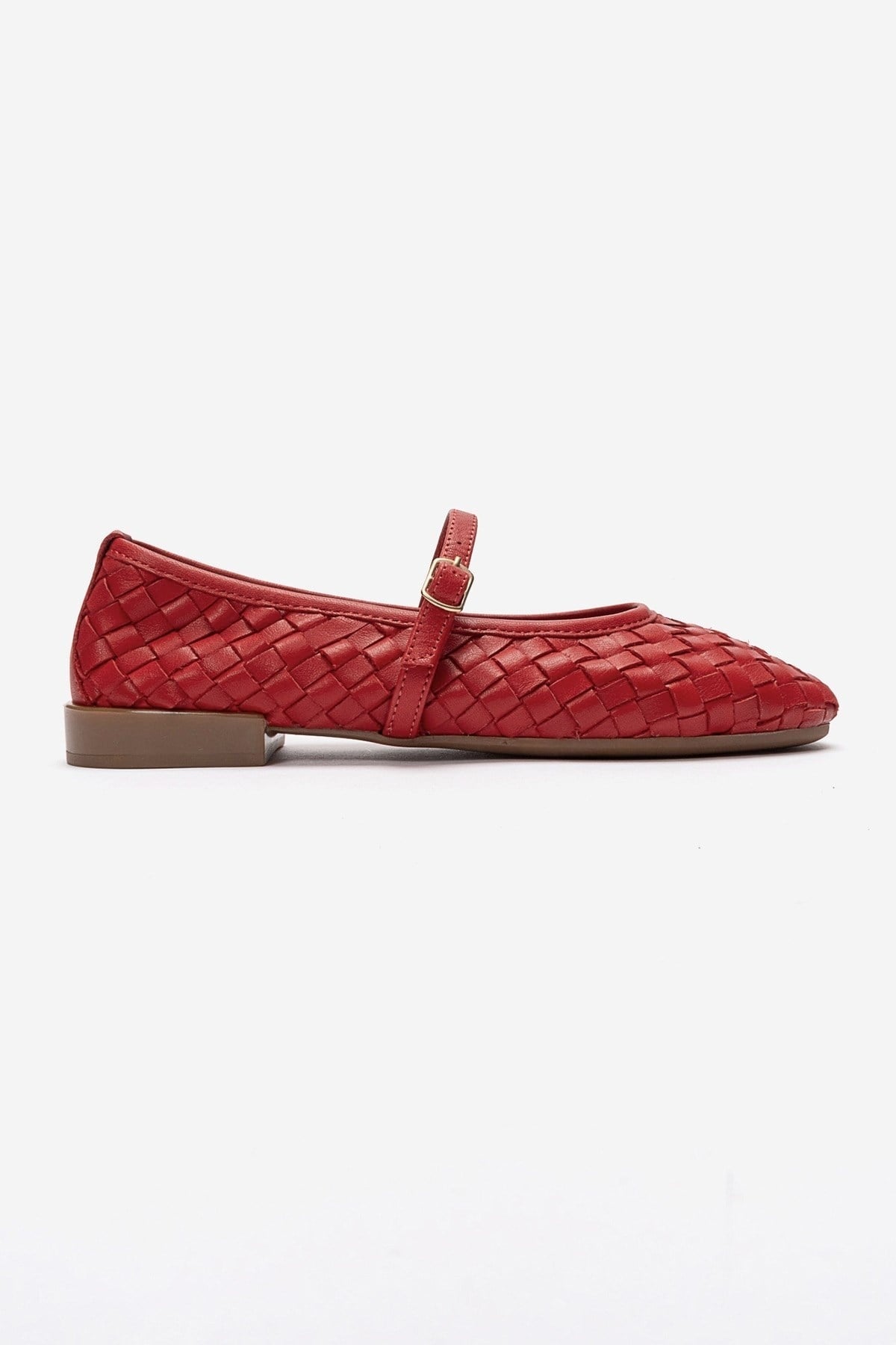 Yevora - Red Genuine Leather Woven Mary Jane Flat – heel view showing leather, red, Vowalisse