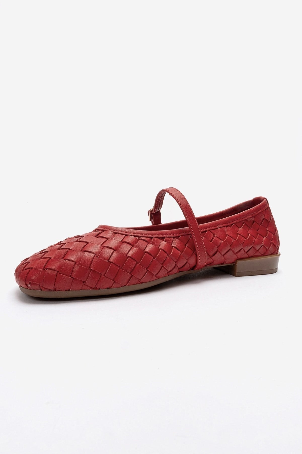 Yevora - Red Genuine Leather Woven Mary Jane Flat – top view showing leather, red, Vowalisse