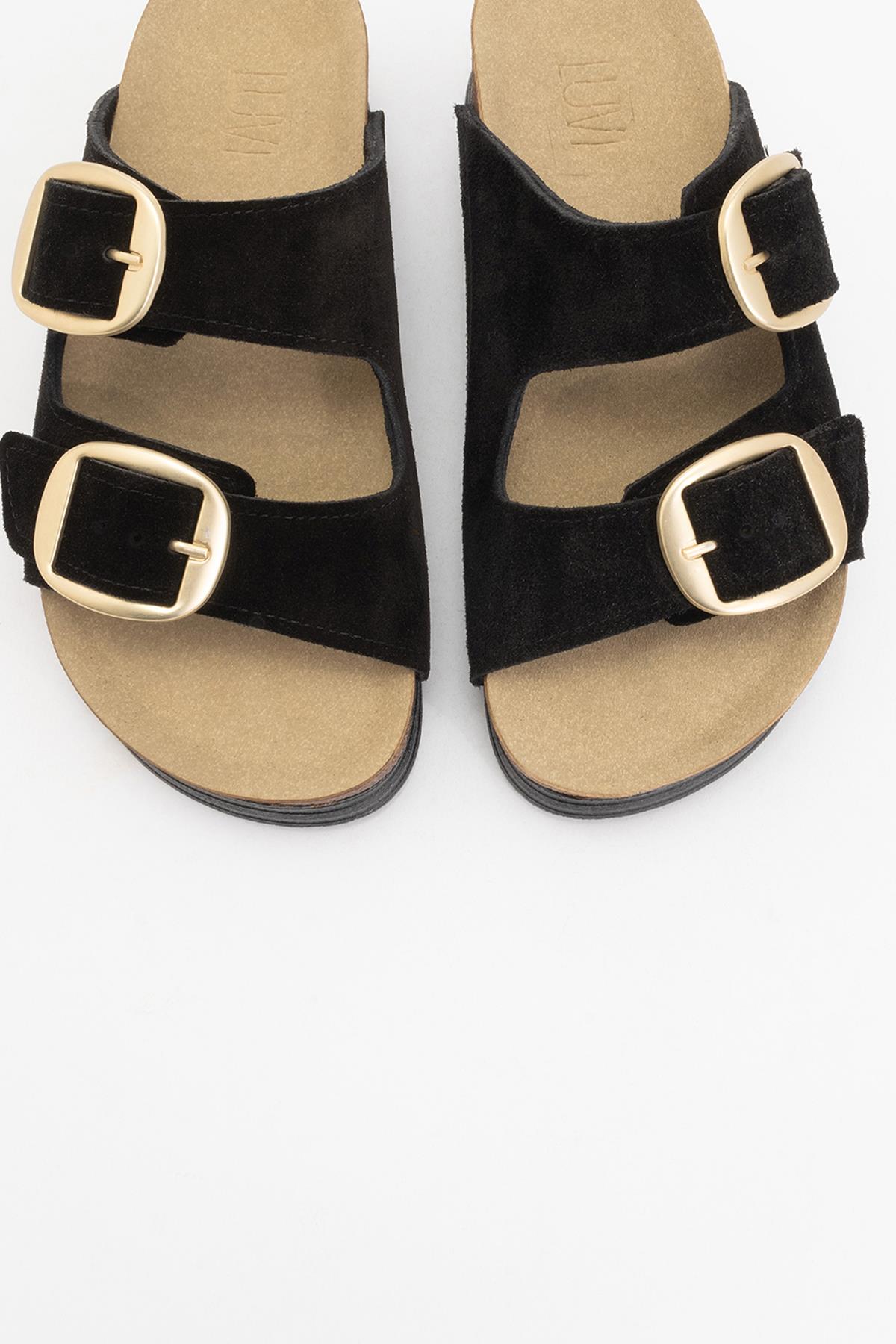 Harbor - Black Suede Leather Two-Strap Sandal – side view showing leather, suede, black, Vowalisse