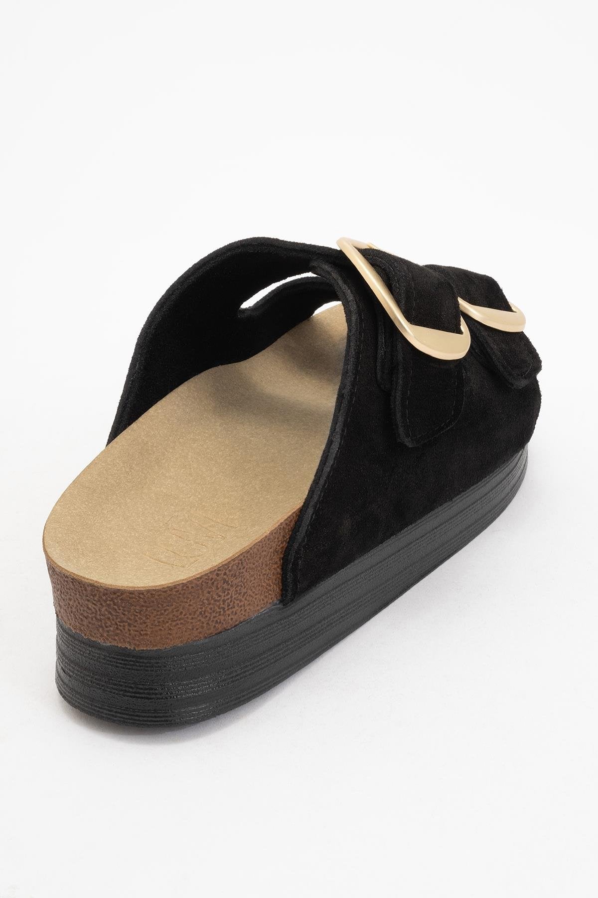 Harbor - Black Suede Leather Two-Strap Sandal – heel view showing leather, suede, black, Vowalisse