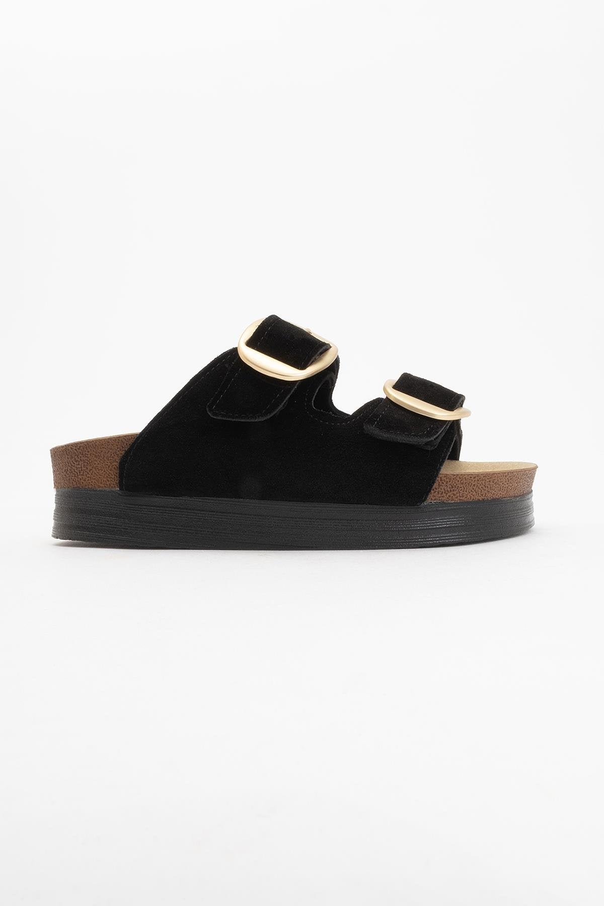 Harbor - Black Suede Leather Two-Strap Sandal – back view showing leather, suede, black, Vowalisse