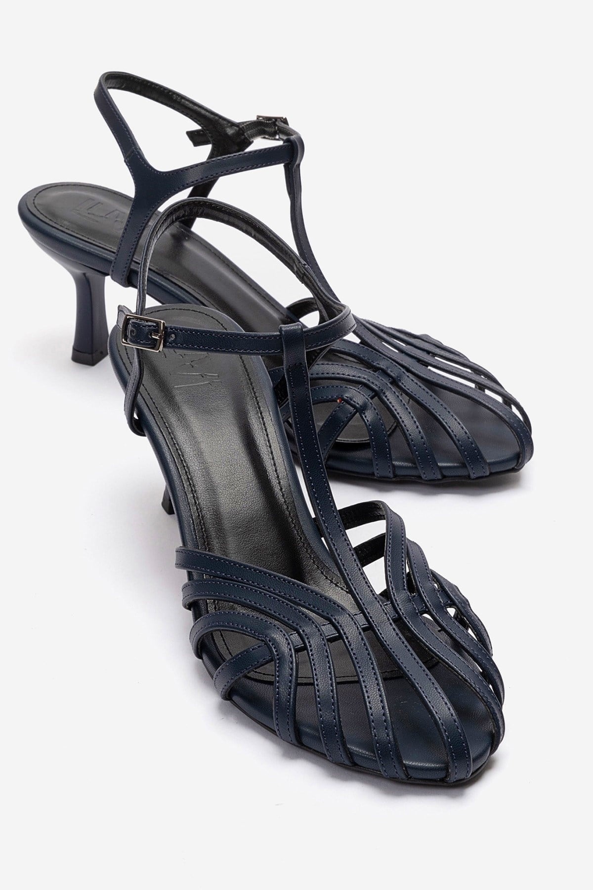 Felip - Navy Strappy Low Heel Sandal – front three-quarter view showing leather, red, Vowalisse