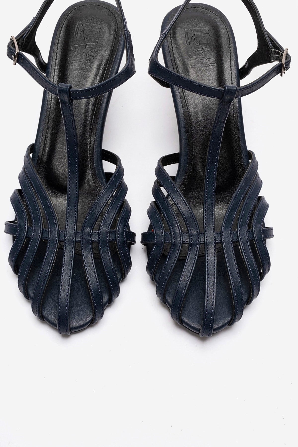 Felip - Navy Strappy Low Heel Sandal – side view showing leather, red, Vowalisse