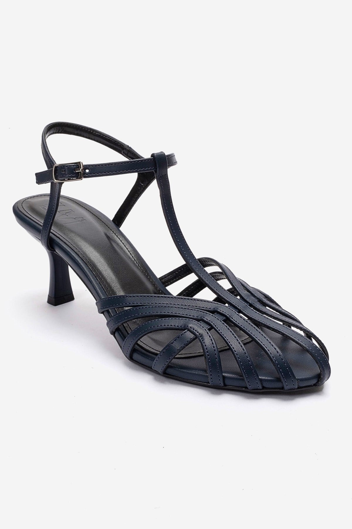 Felip - Navy Strappy Low Heel Sandal – detail view showing leather, red, Vowalisse