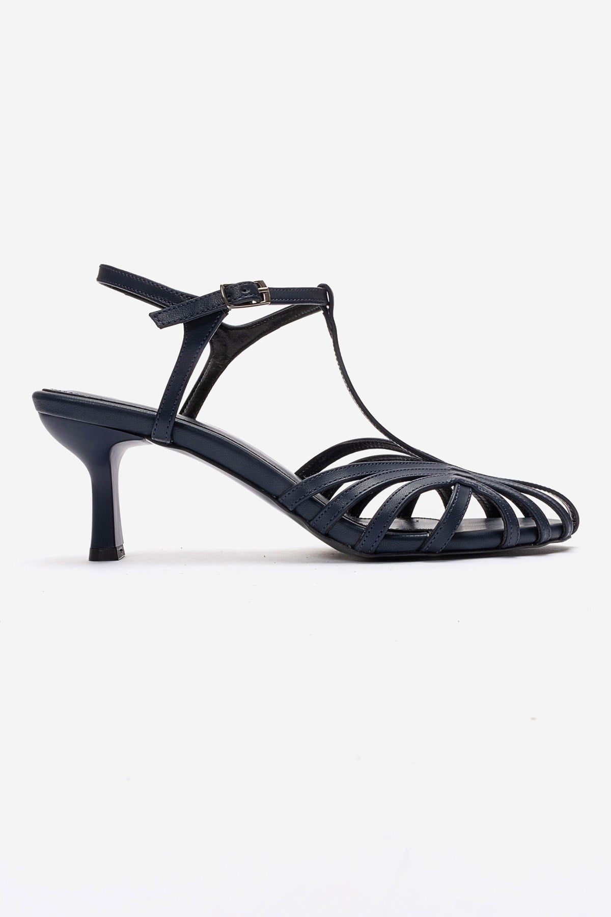 Felip - Navy Strappy Low Heel Sandal – heel view showing leather, red, Vowalisse
