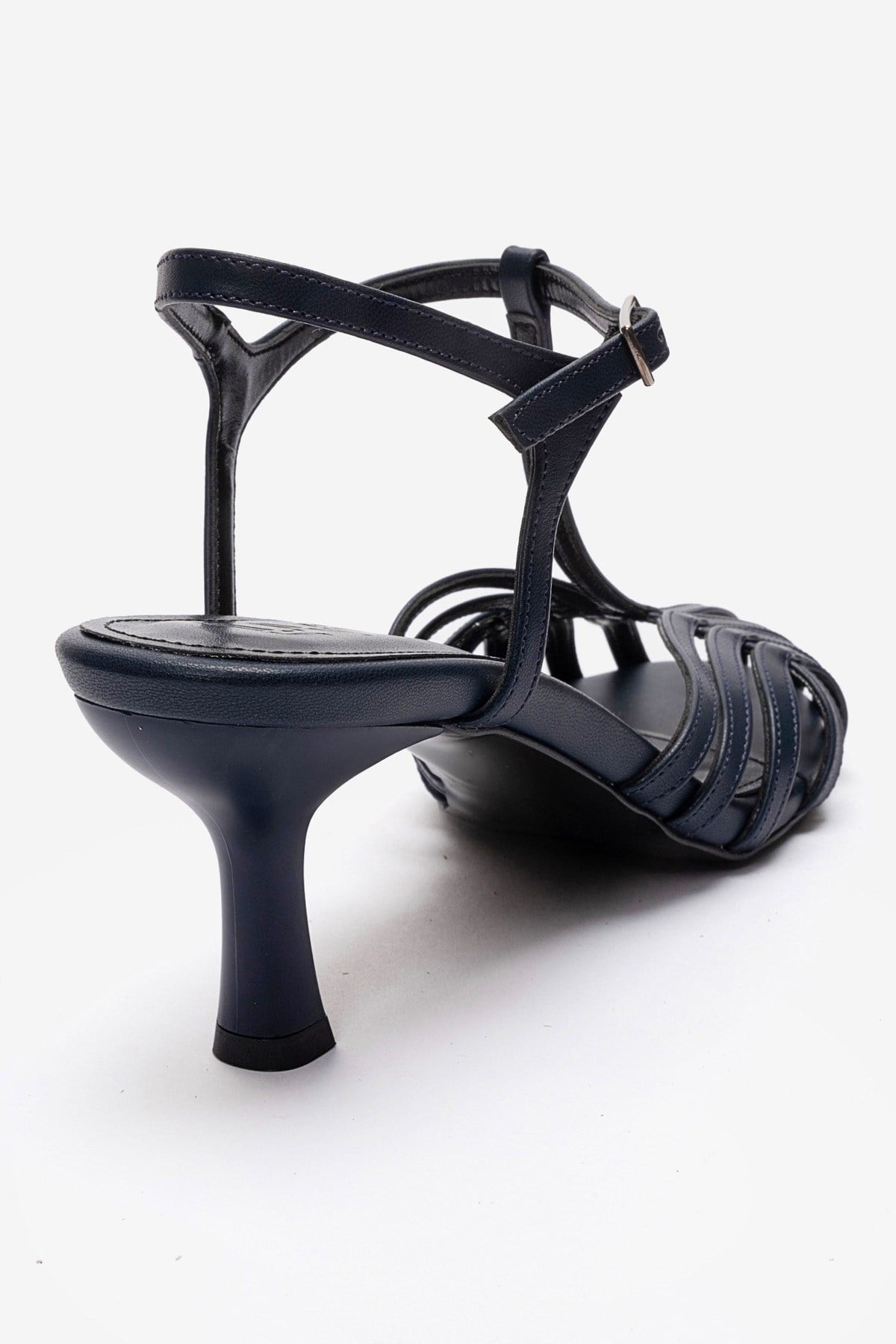 Felip - Navy Strappy Low Heel Sandal – back view showing leather, red, Vowalisse