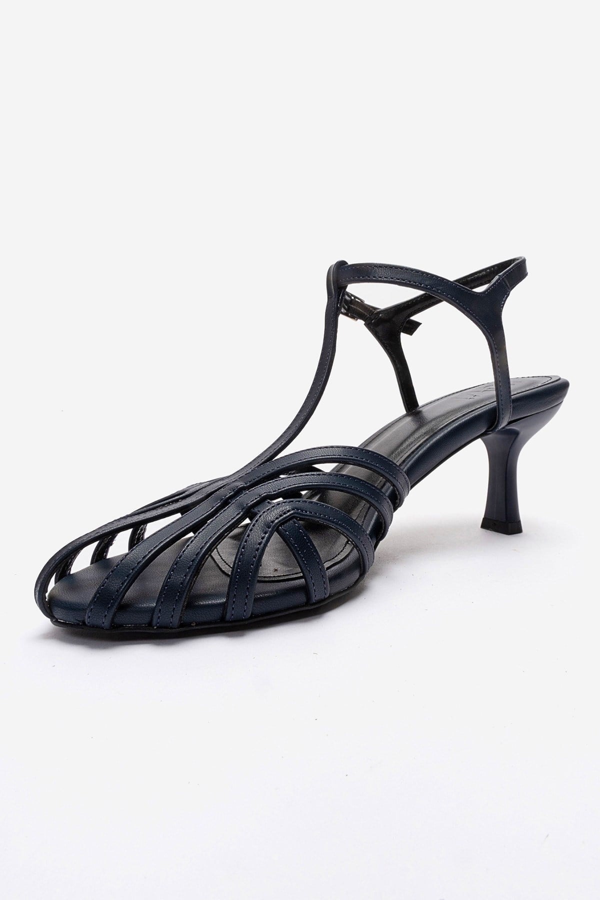 Felip - Navy Strappy Low Heel Sandal – top view showing leather, red, Vowalisse