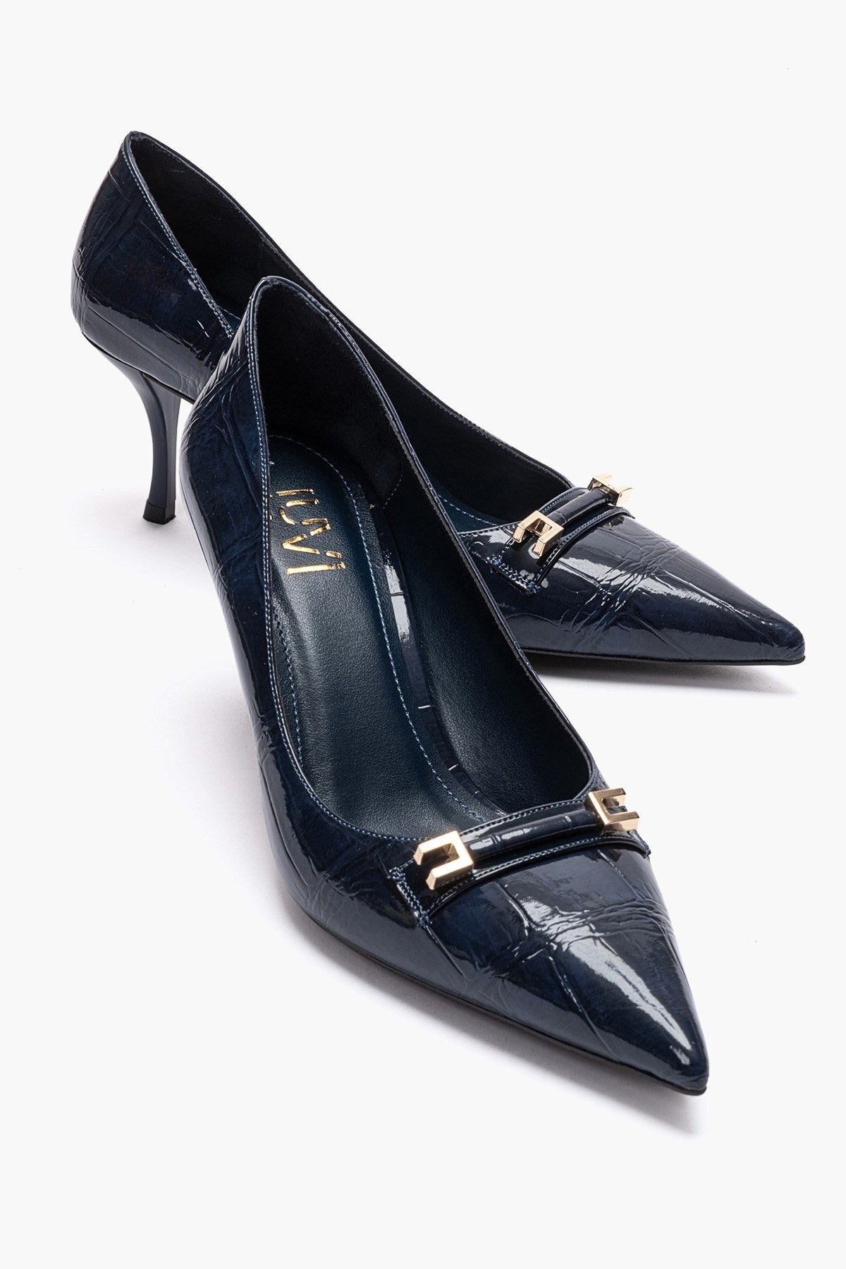 Poesy - Navy Stiletto Pump – front three-quarter view showing leather, Vowalisse