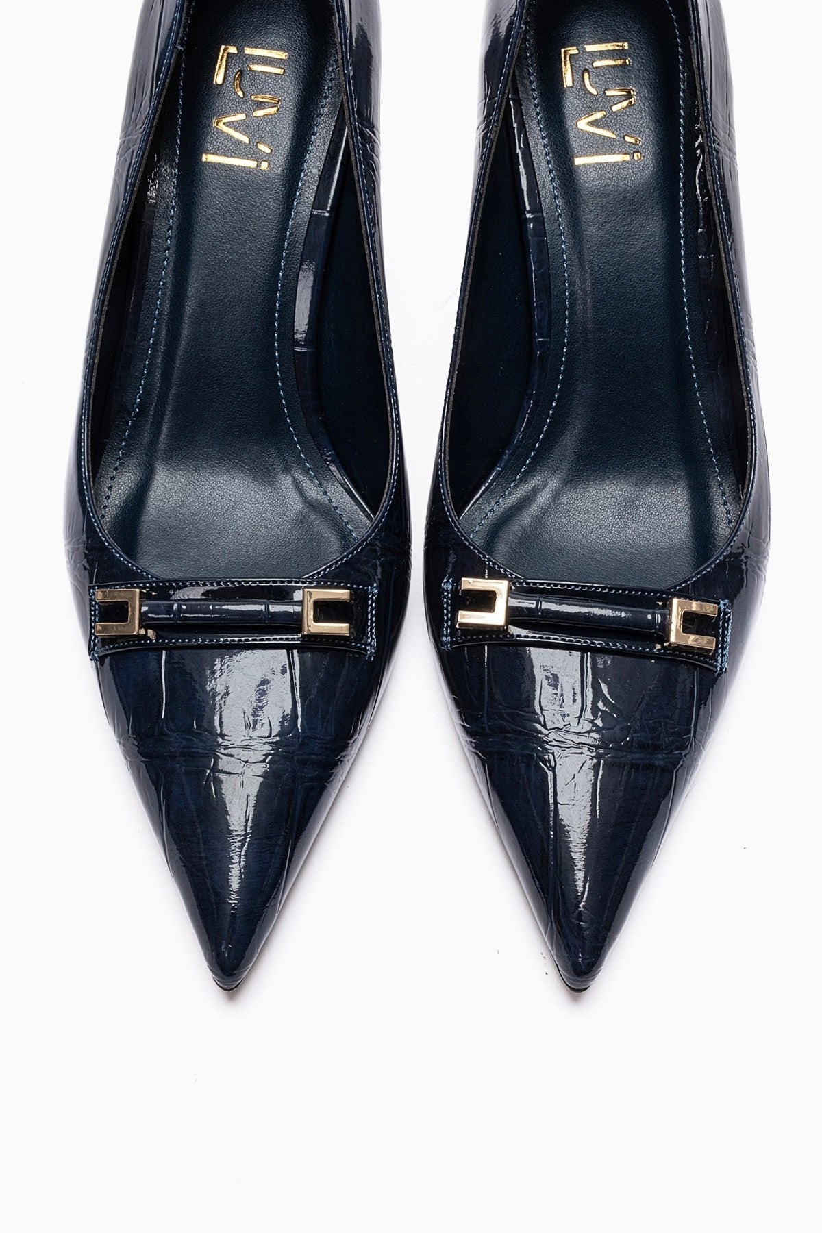 Poesy - Navy Stiletto Pump – side view showing leather, Vowalisse