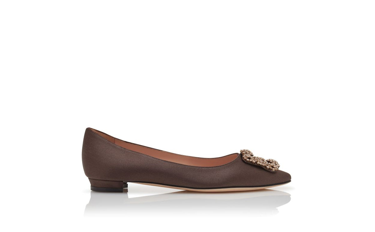 Anastasia Flame Brown Jewel Buckle Pumps – side profile showing brown jewel buckle, crystal buckle, almond toe, satin…