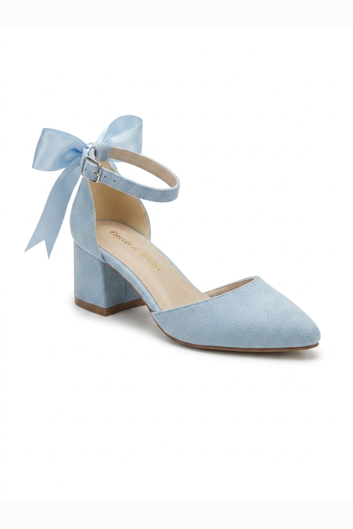 Arielle Baby Blue Suede Bow Ankle Strap Block Heel Sandal – front three-quarter view showing bow, satin, suede, Vowalisse