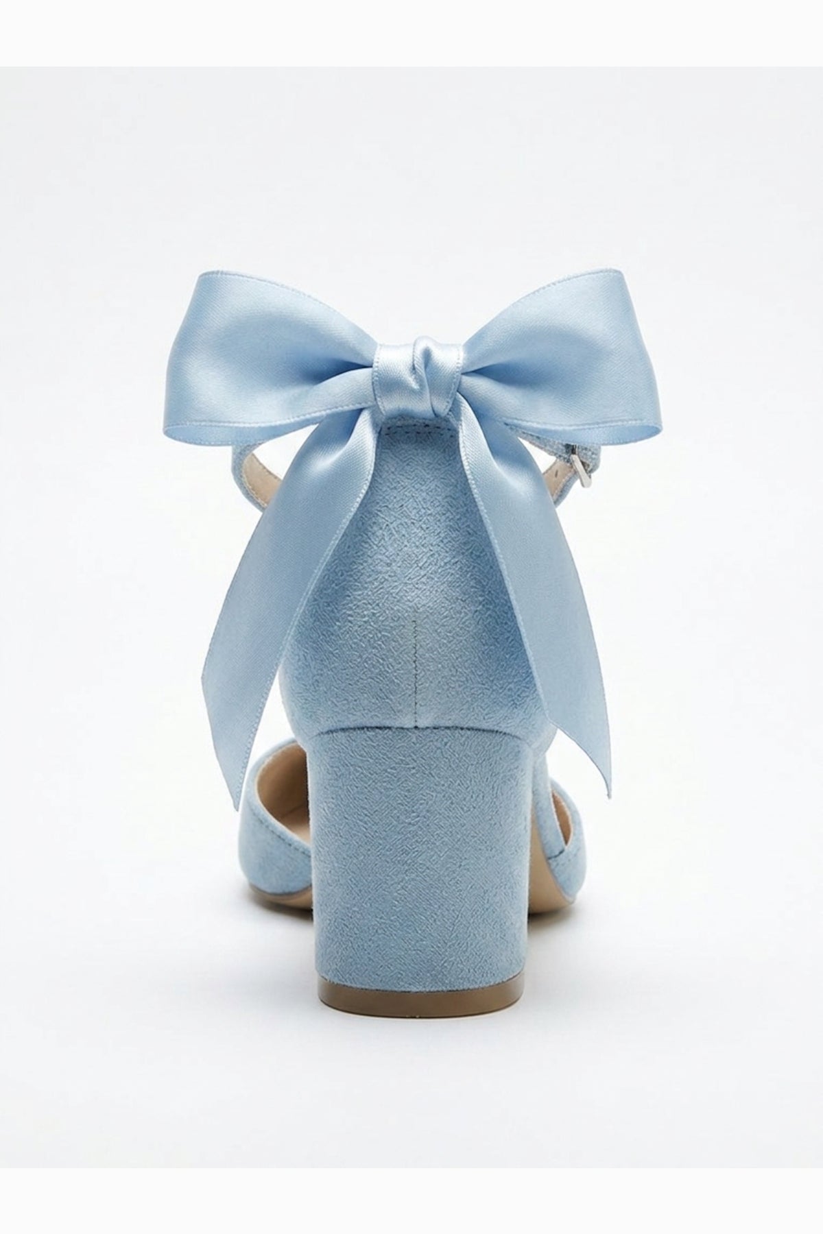 Arielle Baby Blue Suede Bow Ankle Strap Block Heel Sandal – detail view showing bow, satin, suede, Vowalisse