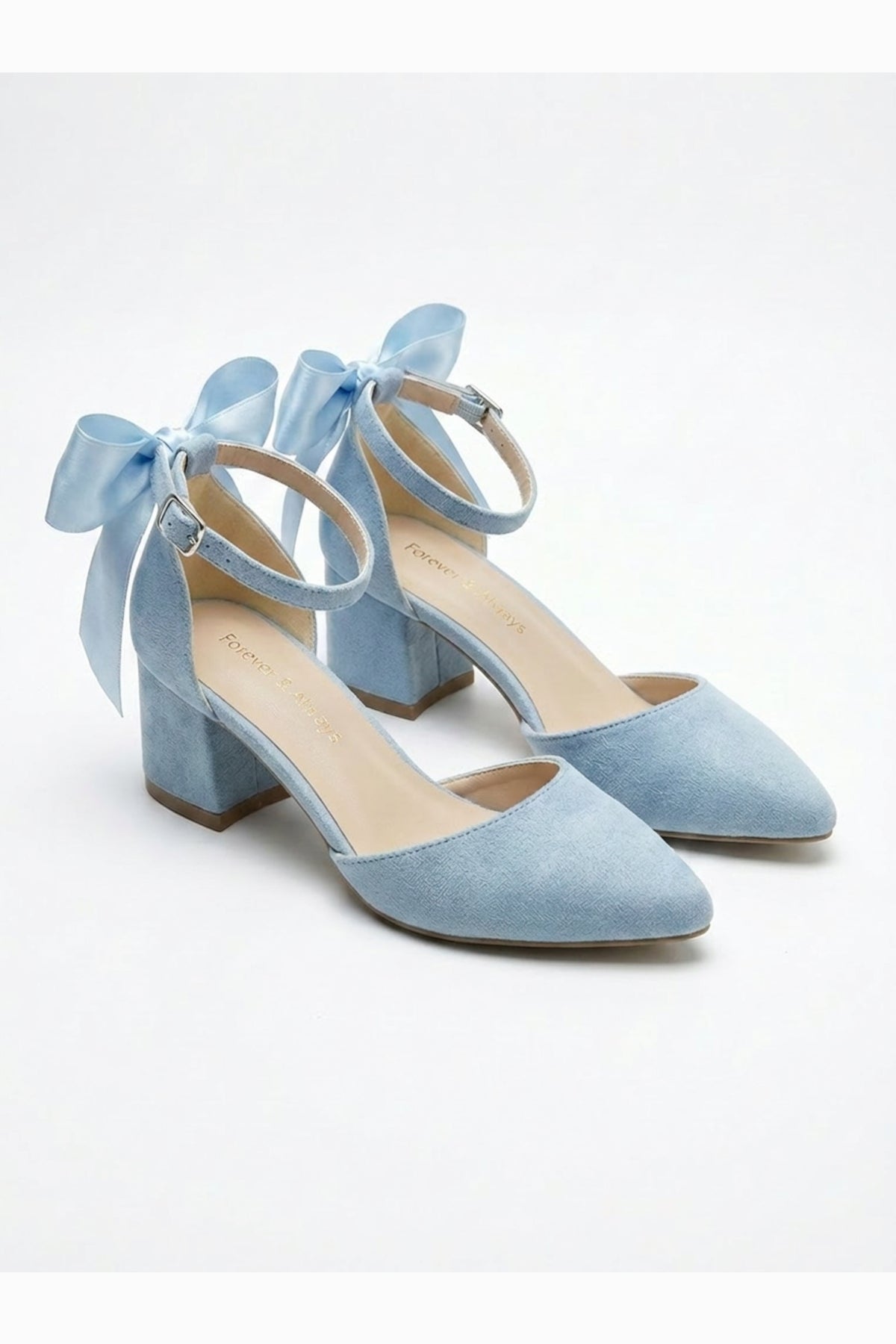 Arielle Baby Blue Suede Bow Ankle Strap Block Heel Sandal – heel view showing bow, satin, suede, Vowalisse