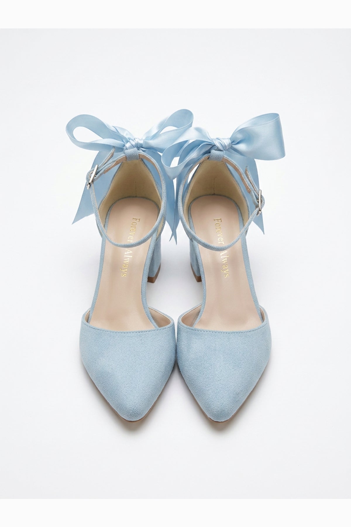 Arielle Baby Blue Suede Bow Ankle Strap Block Heel Sandal – back view showing bow, satin, suede, Vowalisse