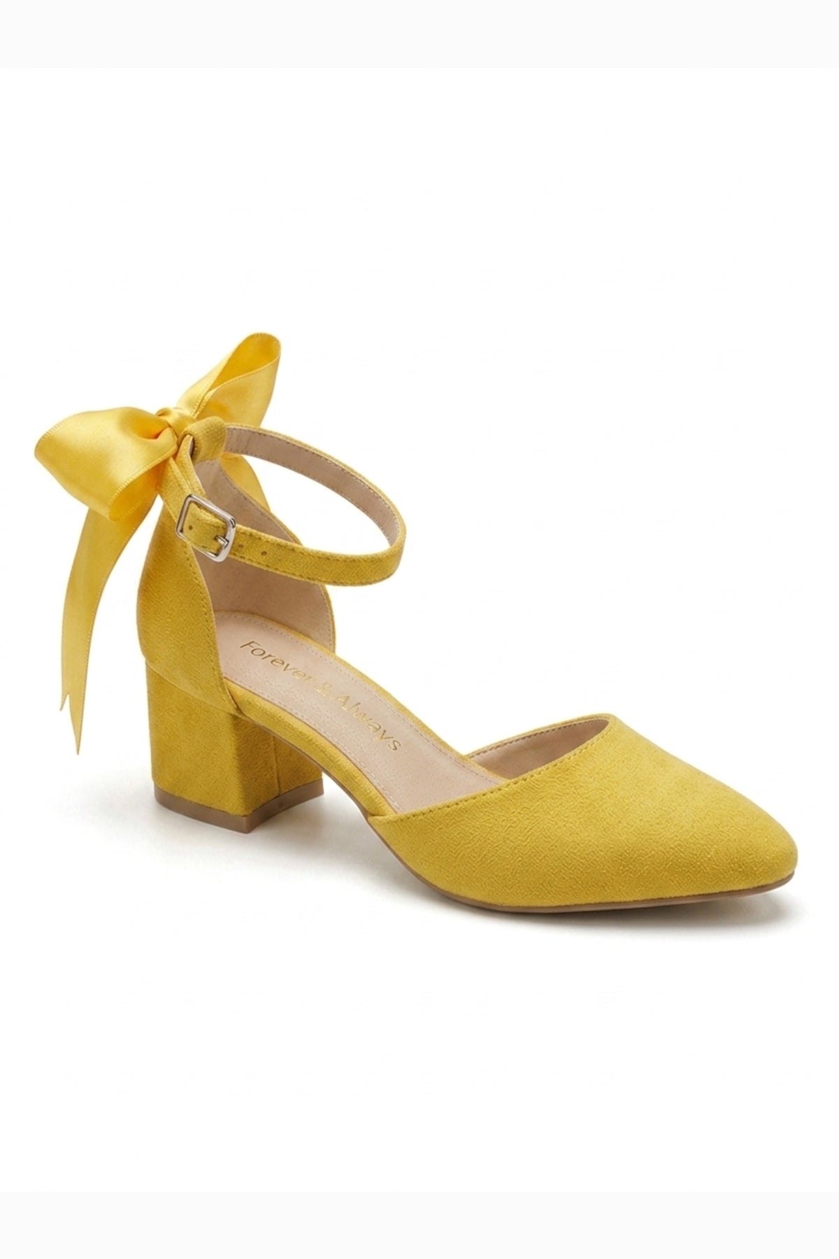 Arielle Yellow Suede Bow Ankle Strap Block Heel Sandal – front three-quarter view showing bow, satin, suede, Vowalisse