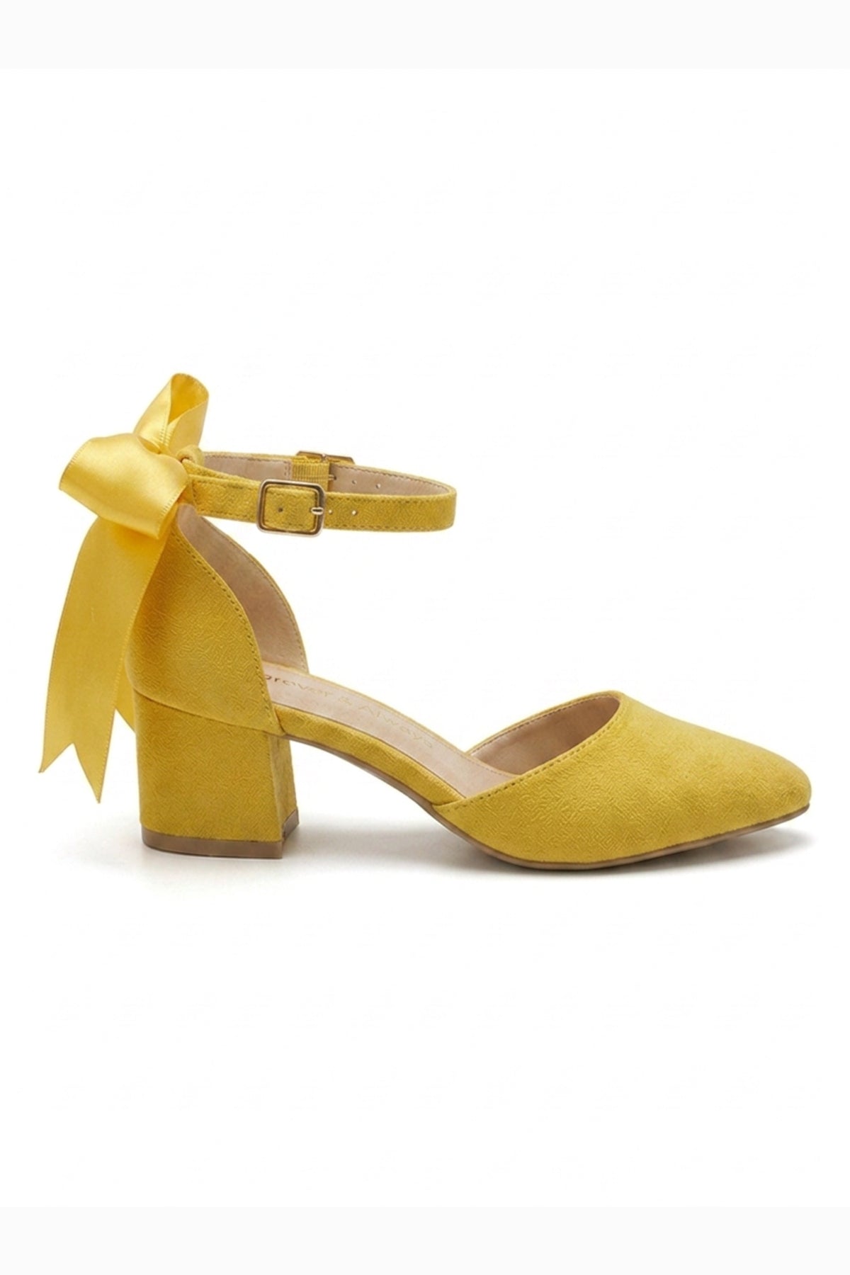 Arielle Yellow Suede Bow Ankle Strap Block Heel Sandal – side view showing bow, satin, suede, Vowalisse
