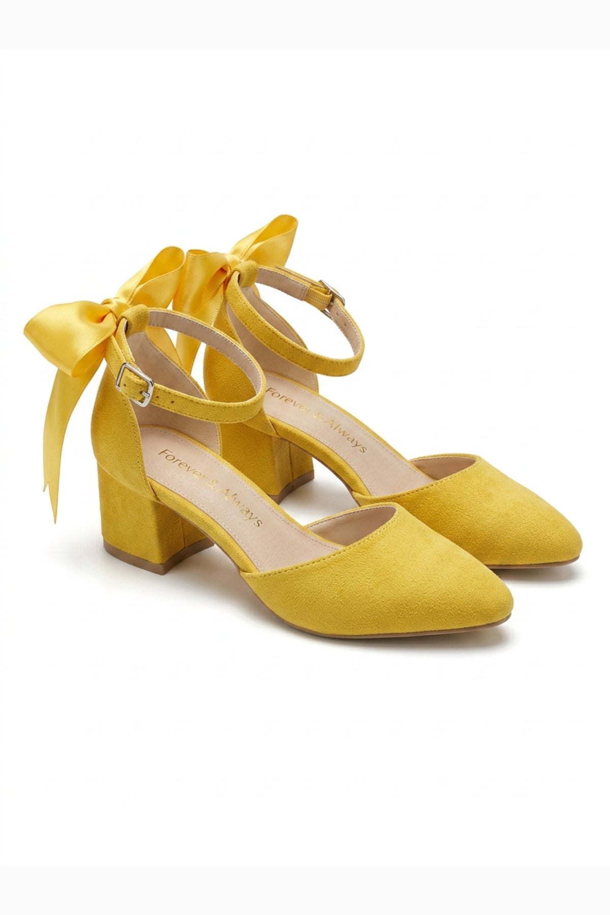 Arielle Yellow Suede Bow Ankle Strap Block Heel Sandal – heel view showing bow, satin, suede, Vowalisse