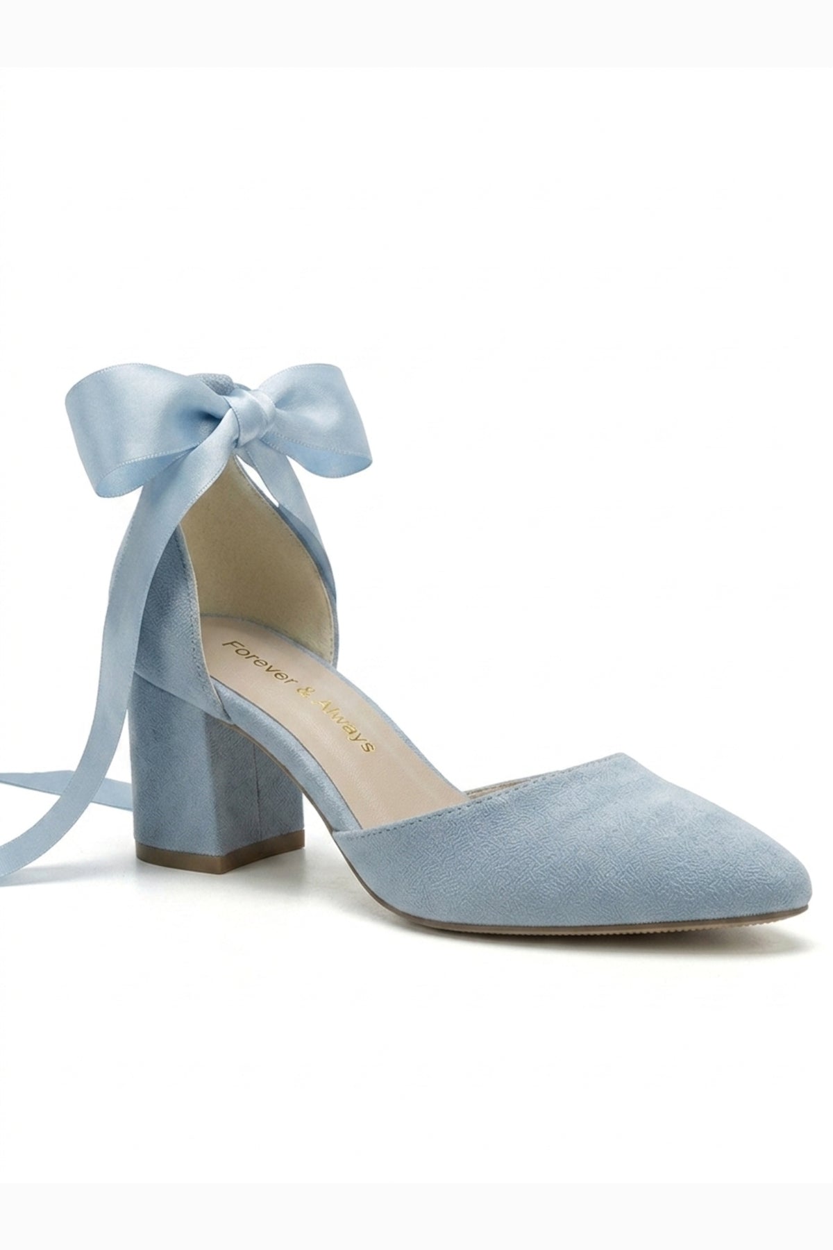 Fiona - Baby Blue Suede Heels With Satin Ribbon – front three-quarter view showing bow, satin, suede, Vowalisse