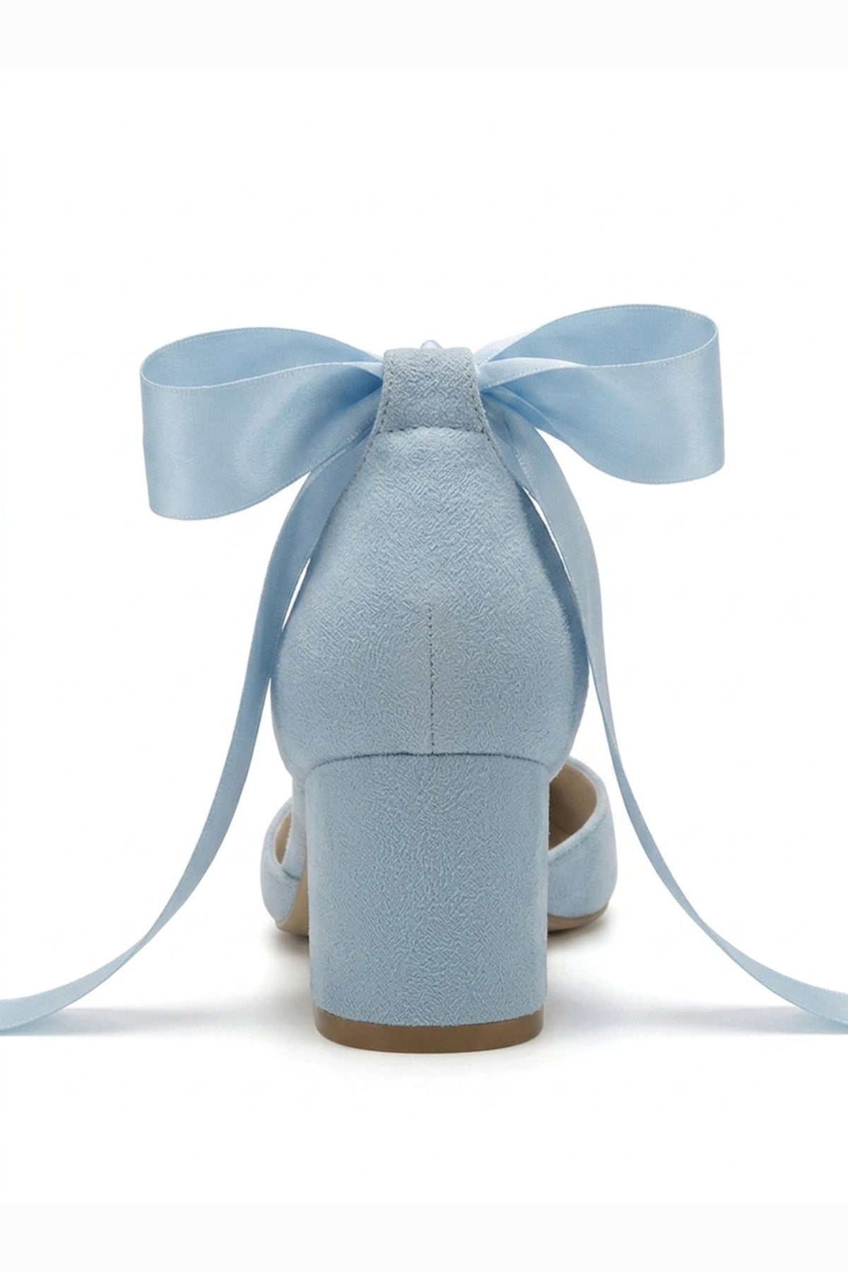 Fiona - Baby Blue Suede Heels With Satin Ribbon – detail view showing bow, satin, suede, Vowalisse