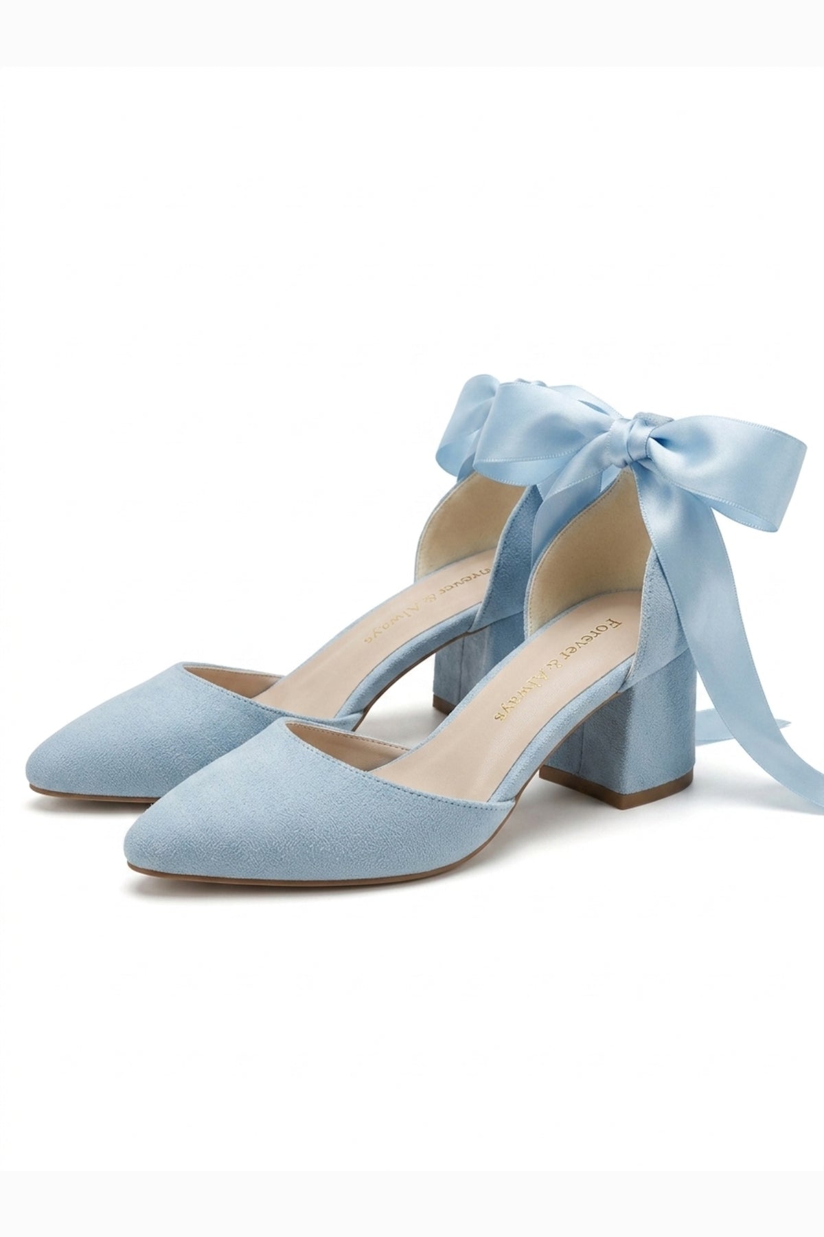 Fiona - Baby Blue Suede Heels With Satin Ribbon – heel view showing bow, satin, suede, Vowalisse