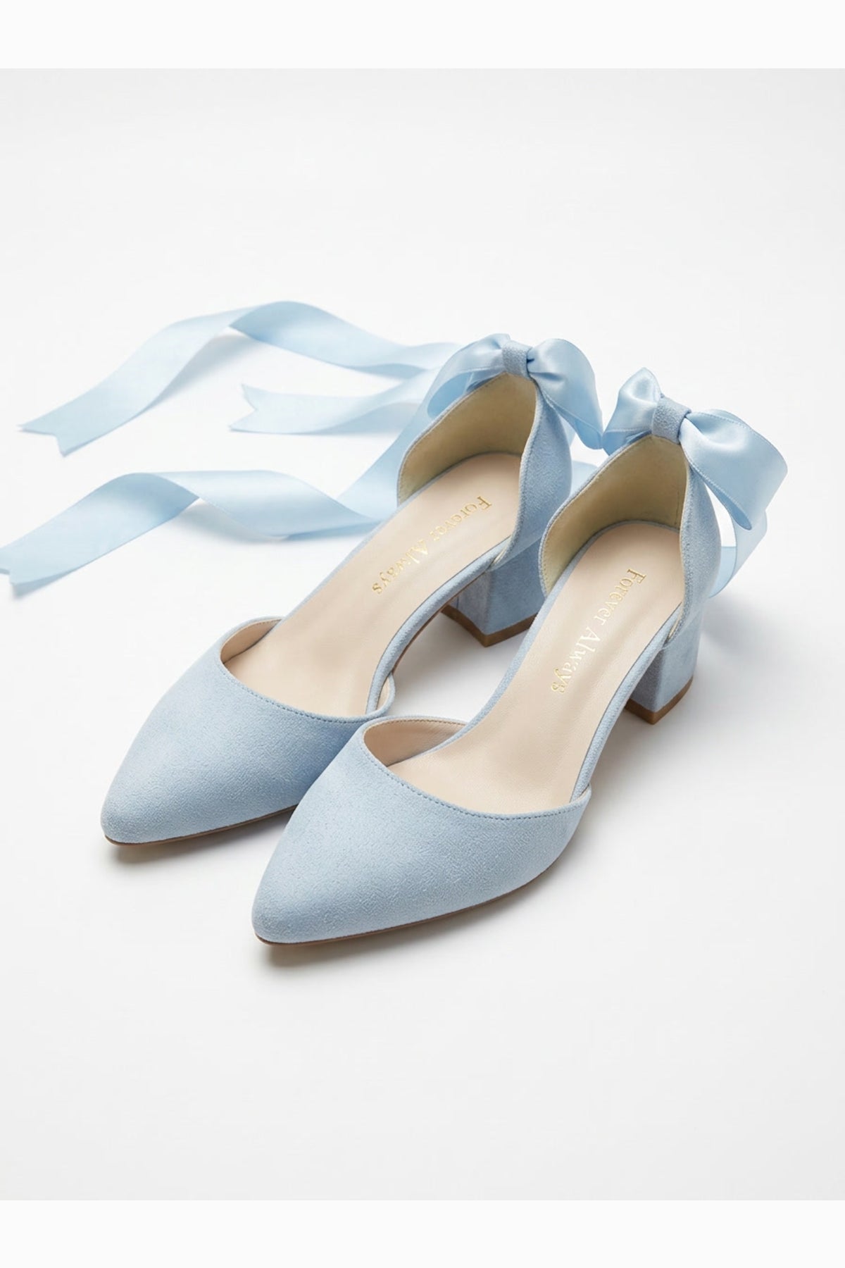 Fiona - Baby Blue Suede Heels With Satin Ribbon – back view showing bow, satin, suede, Vowalisse