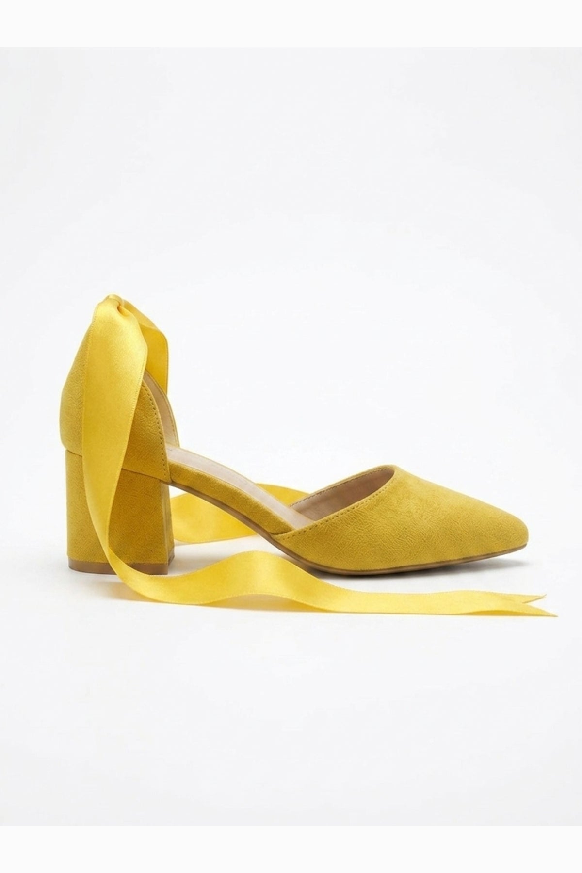 Fiona - Yellow Suede Heels With Satin Ribbon – side view showing bow, satin, suede, Vowalisse
