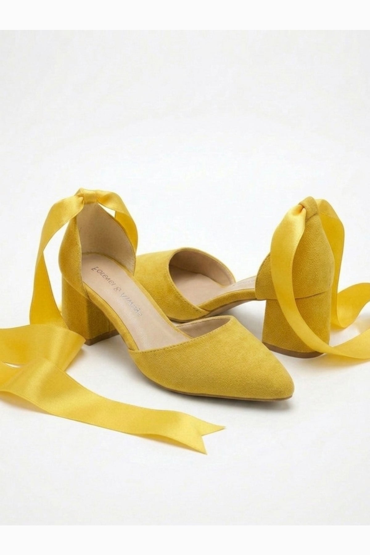 Fiona - Yellow Suede Heels With Satin Ribbon – back view showing bow, satin, suede, Vowalisse