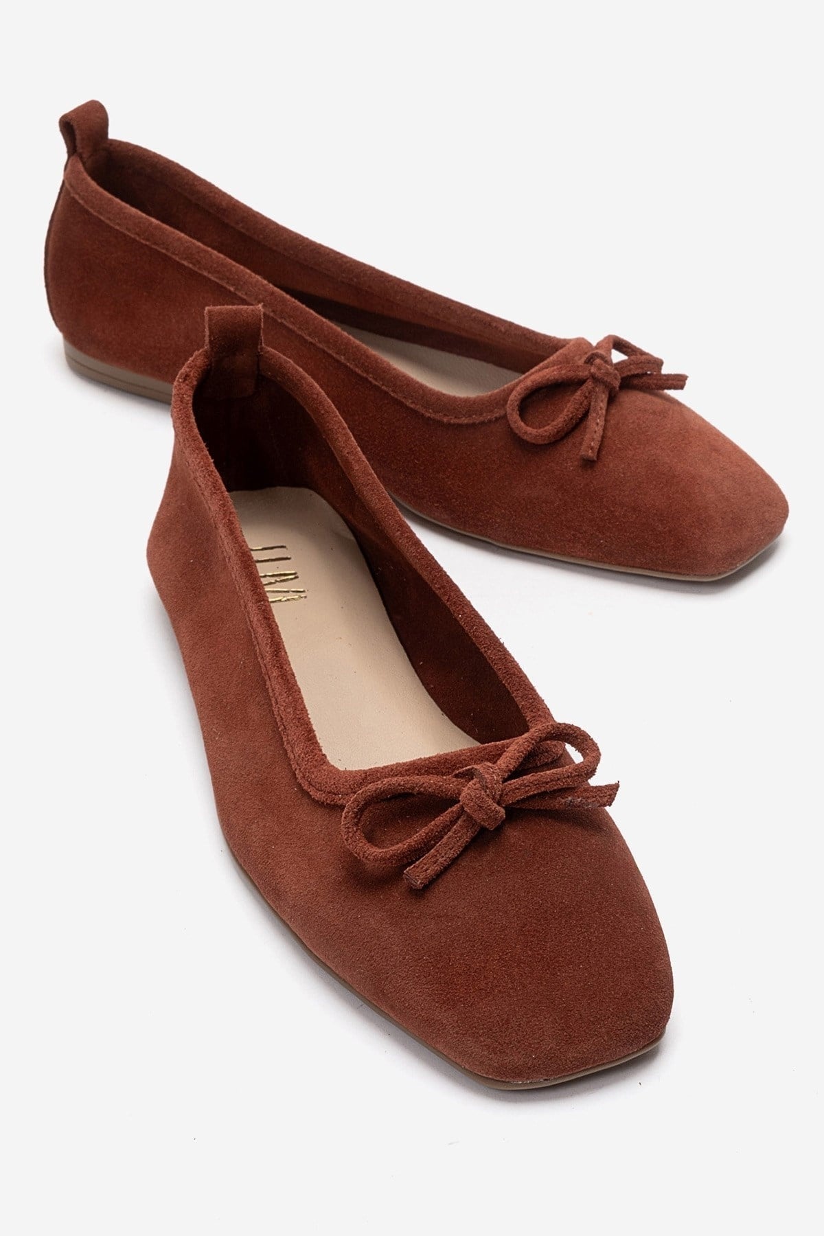 Sosa - Cognac Genuine Leather Round Toe Ballet Flat – front three-quarter view showing bow, leather, suede, Vowalisse