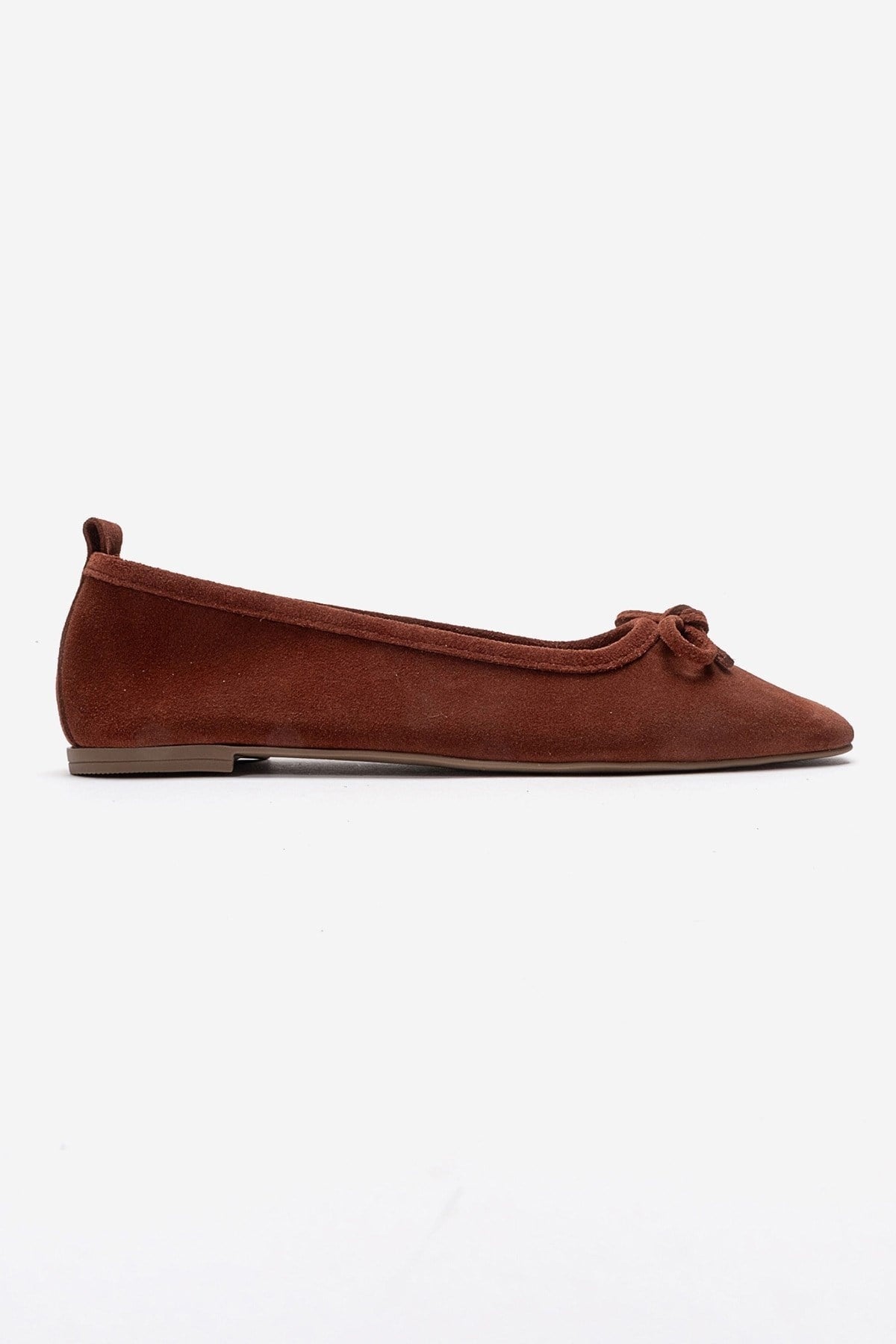 Sosa - Cognac Genuine Leather Round Toe Ballet Flat – heel view showing bow, leather, suede, Vowalisse