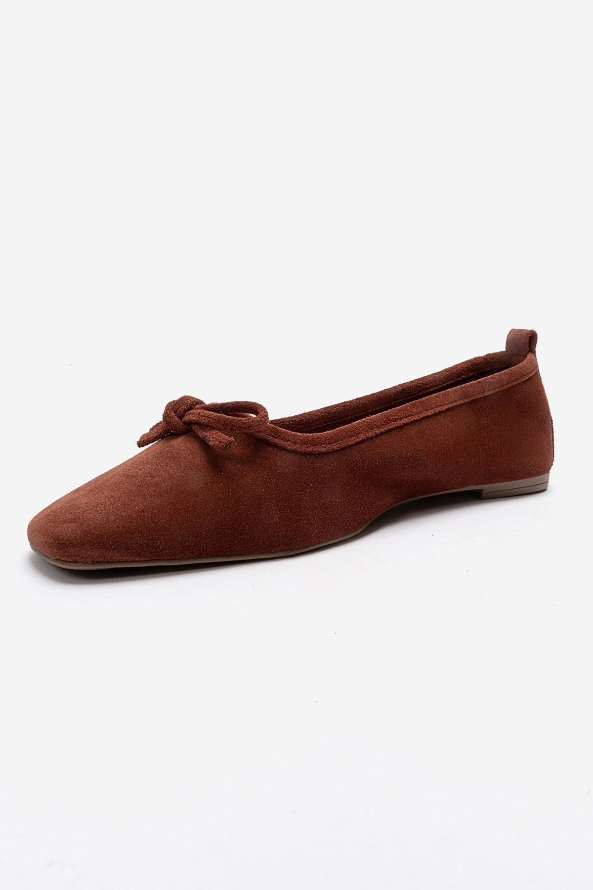 Sosa - Cognac Genuine Leather Round Toe Ballet Flat – top view showing bow, leather, suede, Vowalisse