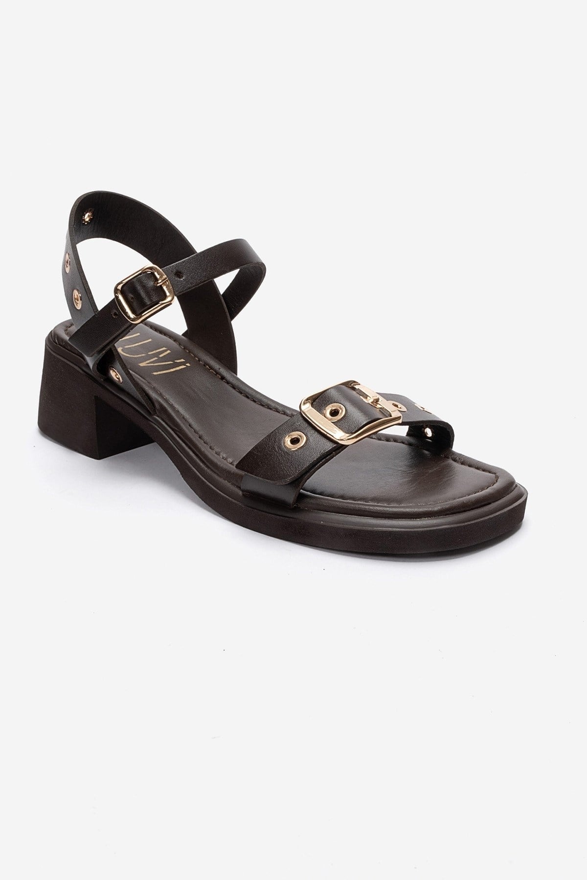 RABEL - Brown Genuine Leather Block Heel Sandal – detail view showing leather, Vowalisse