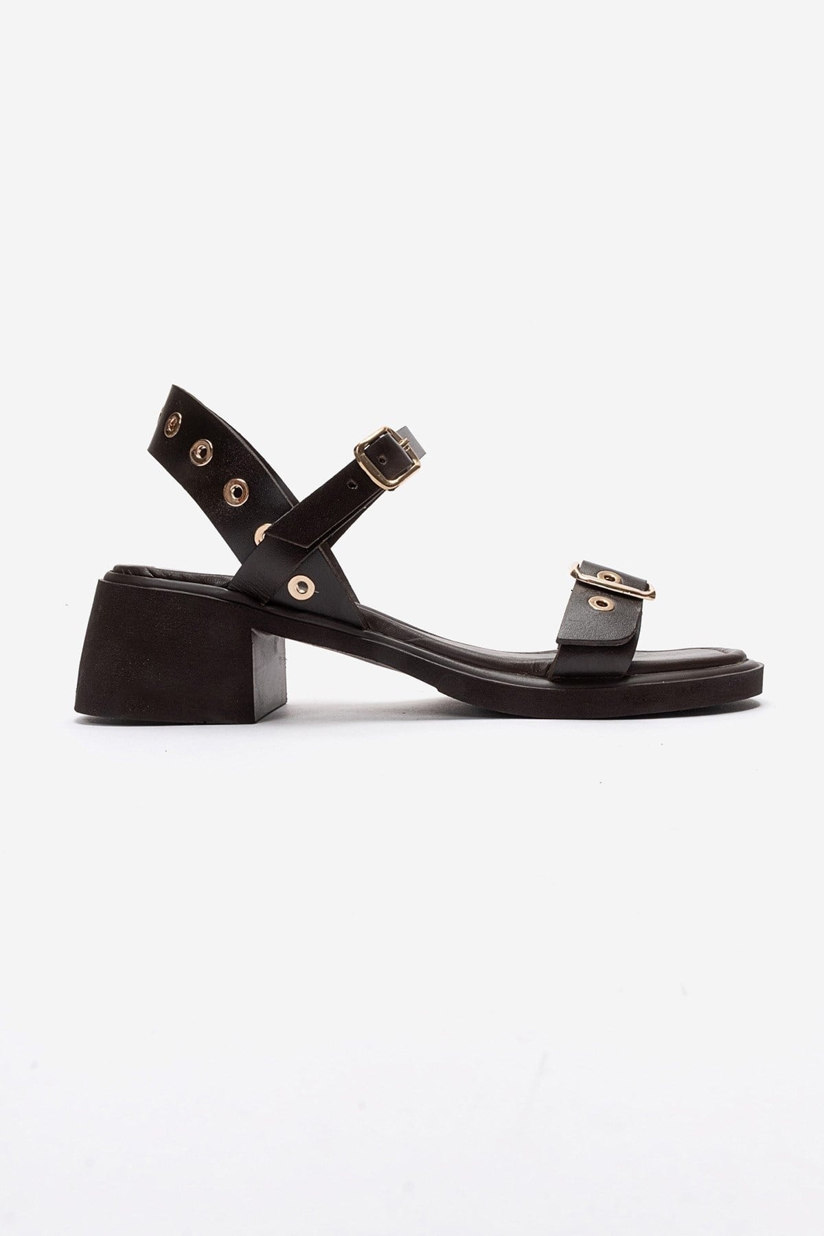RABEL - Brown Genuine Leather Block Heel Sandal – heel view showing leather, Vowalisse