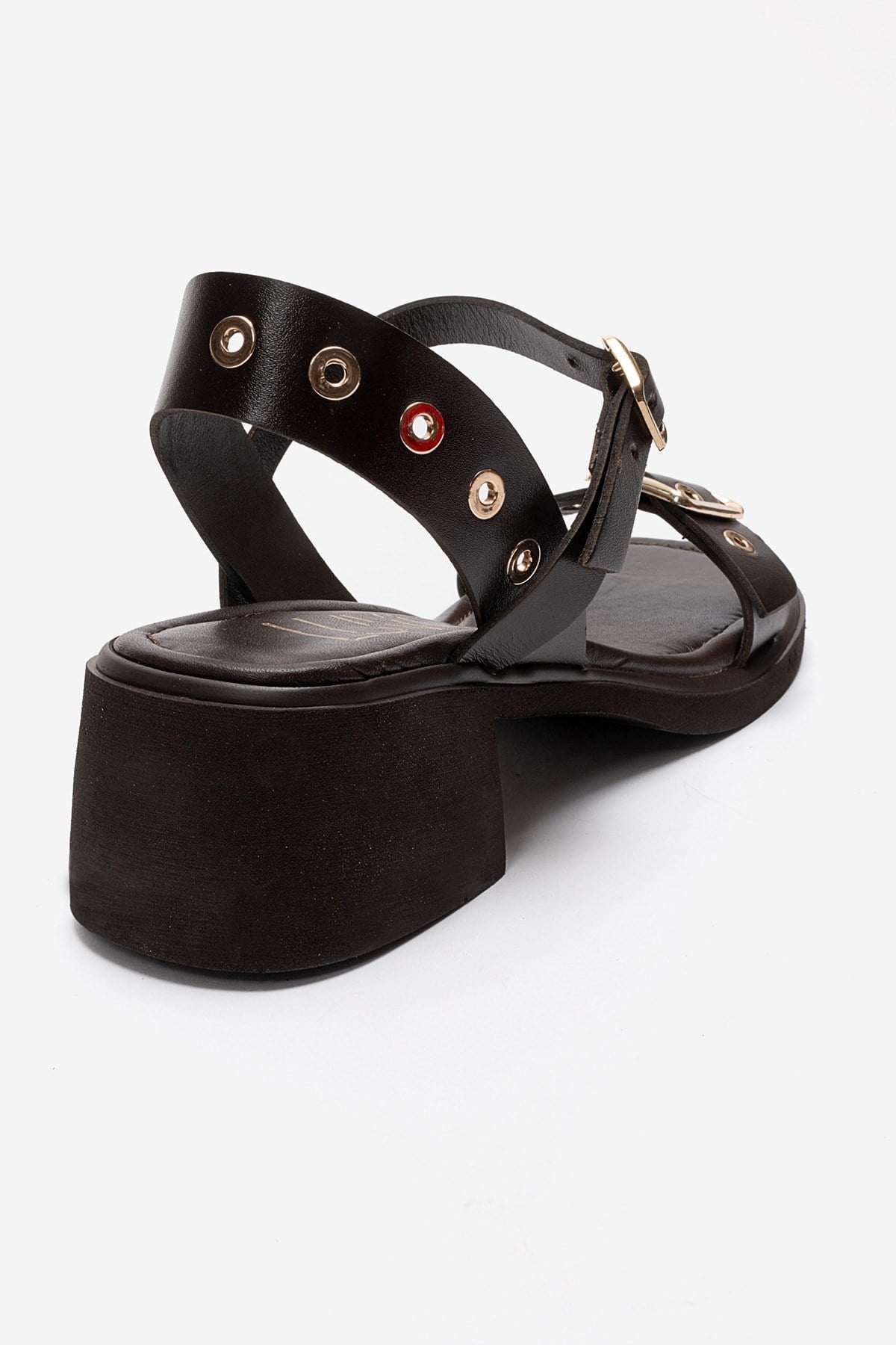 RABEL - Brown Genuine Leather Block Heel Sandal – back view showing leather, Vowalisse