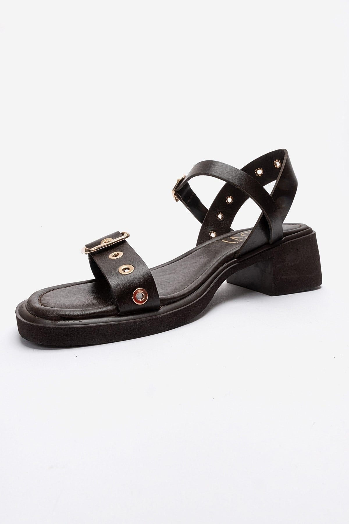RABEL - Brown Genuine Leather Block Heel Sandal – top view showing leather, Vowalisse