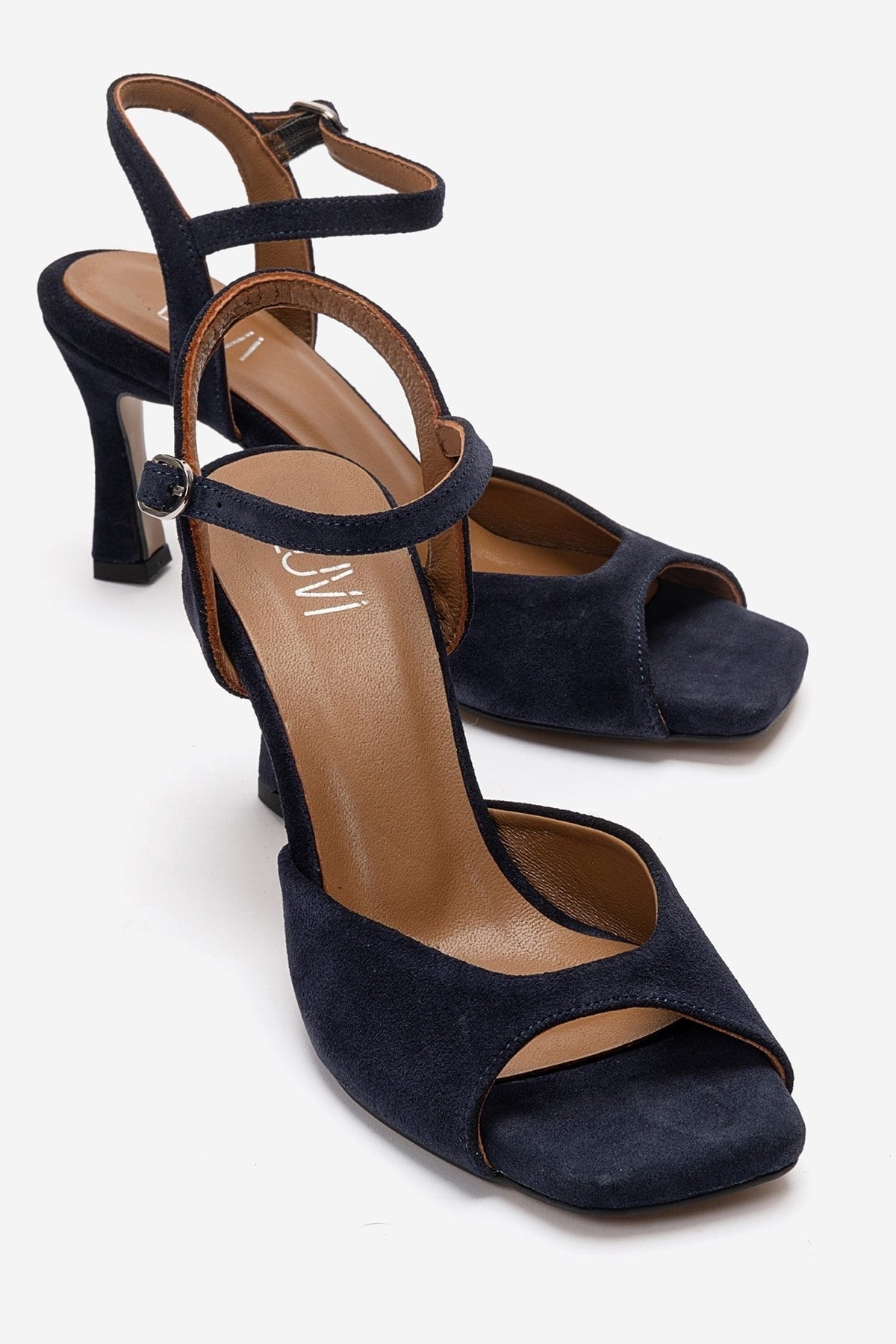 ELVIA - Navy Suede Genuine Leather Stiletto Heel Shoe – front three-quarter view showing leather, suede, Vowalisse