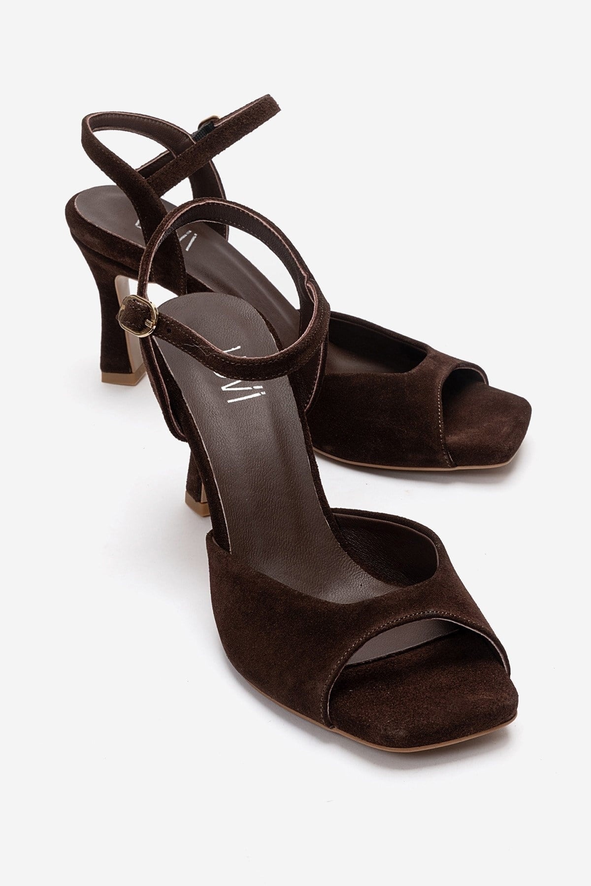 ELVIA - Brown Genuine Leather Stiletto Pump – front three-quarter view showing leather, suede, Vowalisse