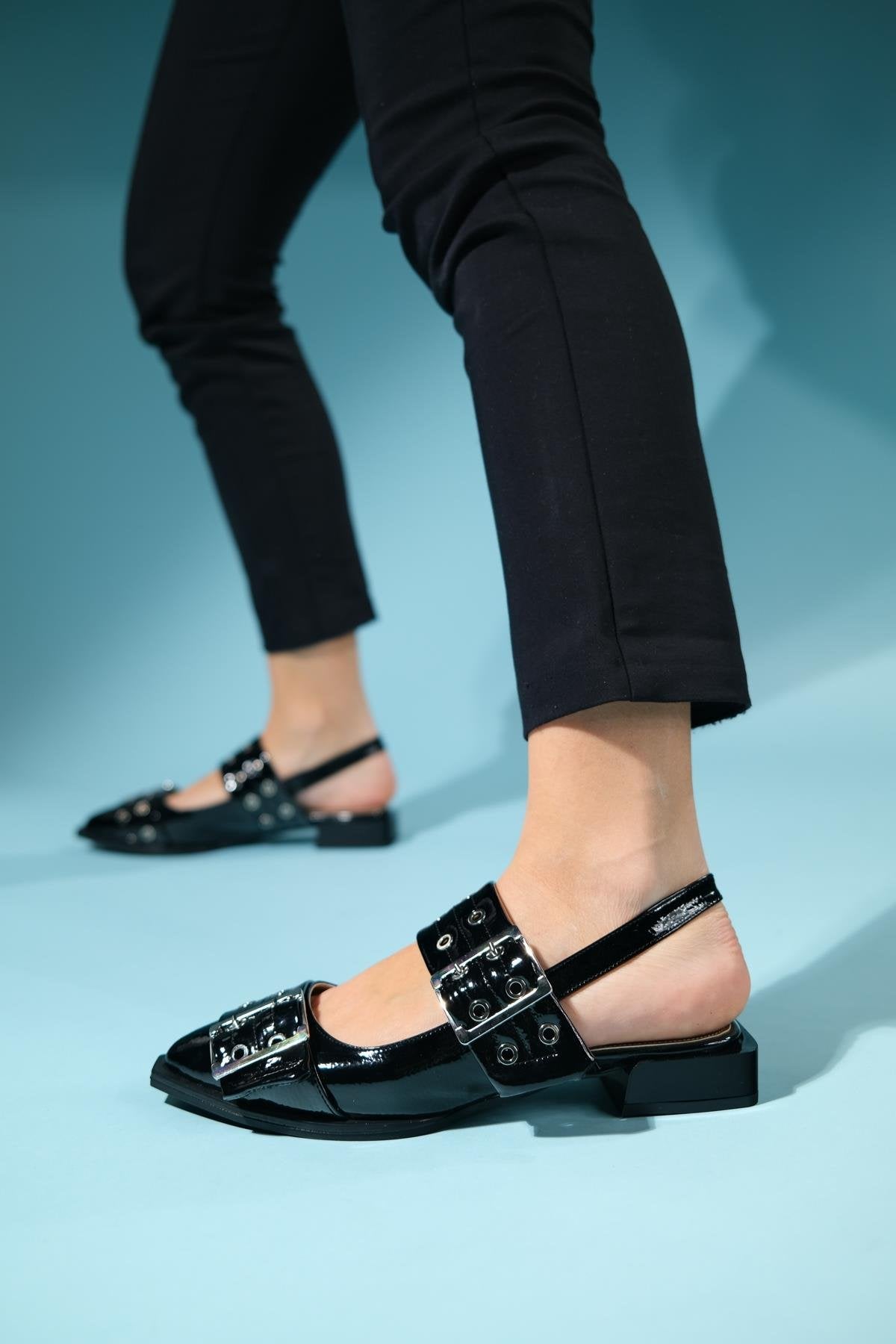 Paloma - Black Patent Silver Buckle Sandal – back view showing leather, black, silver, Vowalisse