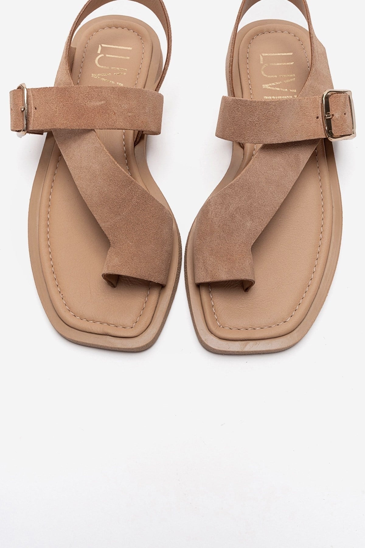 CURRY - Taupe Genuine Leather Toe-Post Sandal – side view showing leather, suede, red, Vowalisse