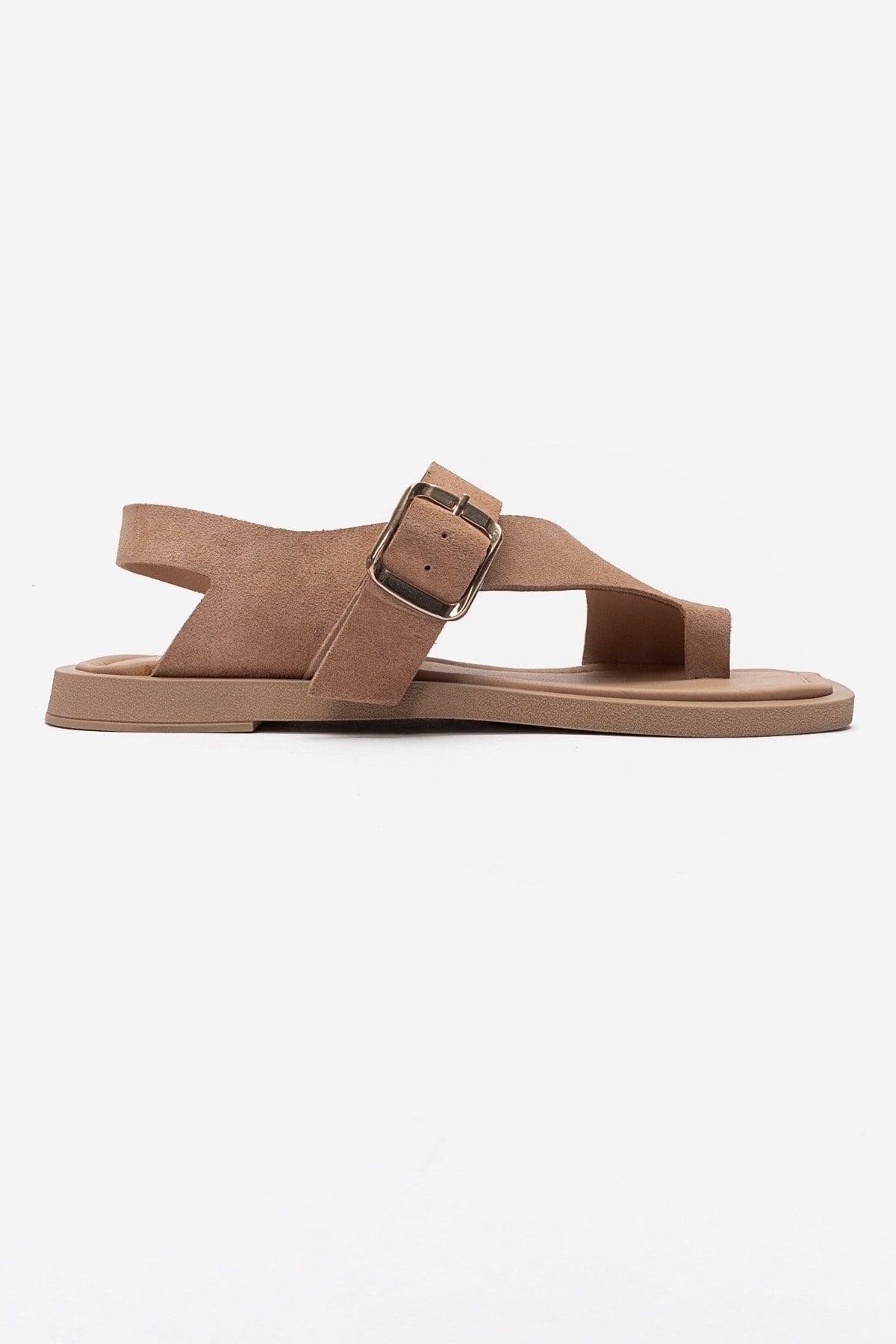 CURRY - Taupe Genuine Leather Toe-Post Sandal – heel view showing leather, suede, red, Vowalisse