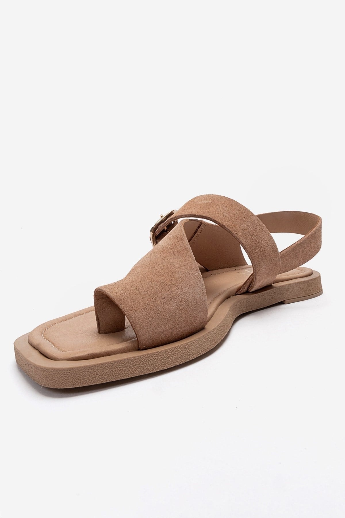 CURRY - Taupe Genuine Leather Toe-Post Sandal – top view showing leather, suede, red, Vowalisse
